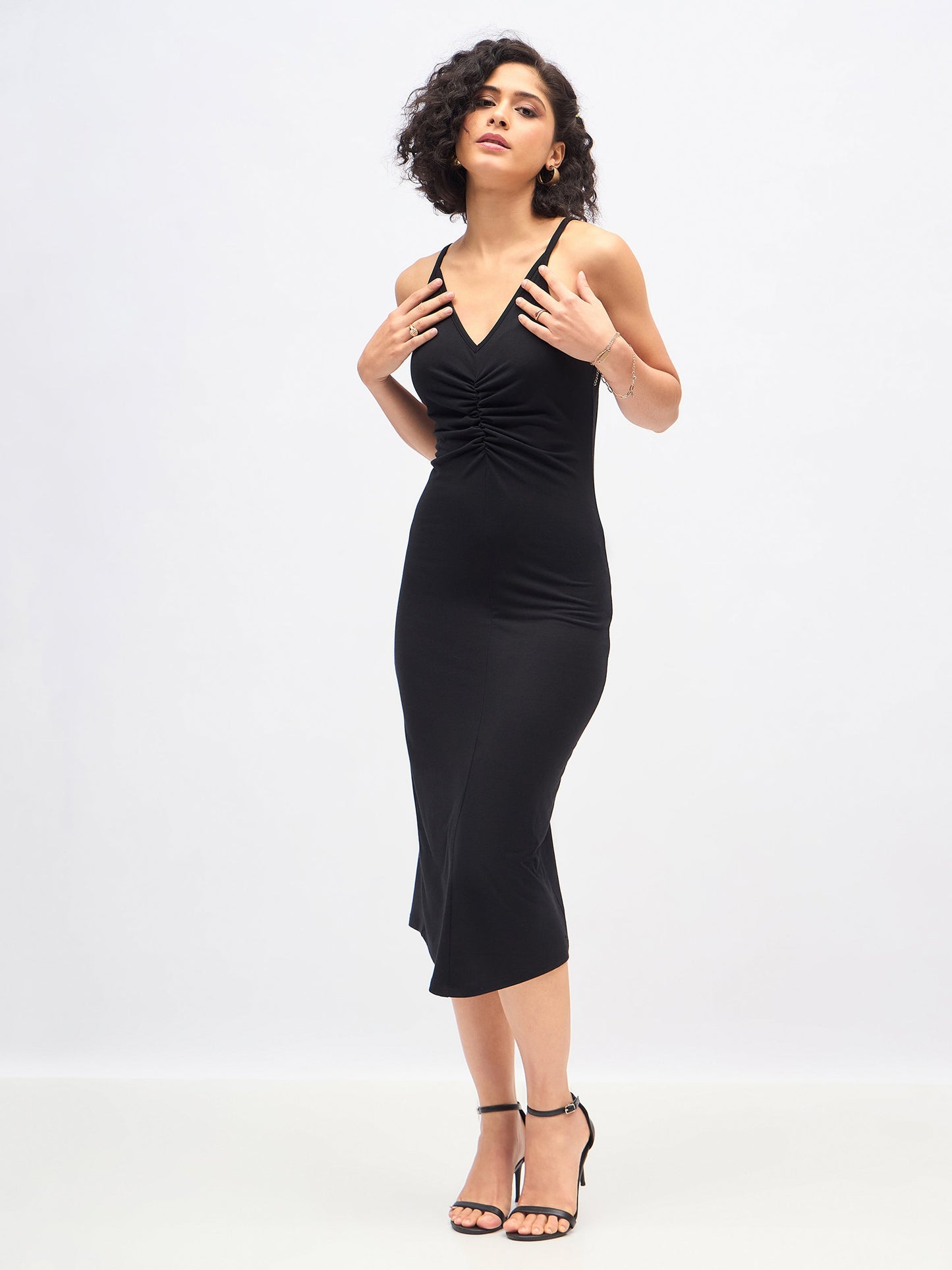Black Strappy Front Ruched Dress-SASSAFRAS