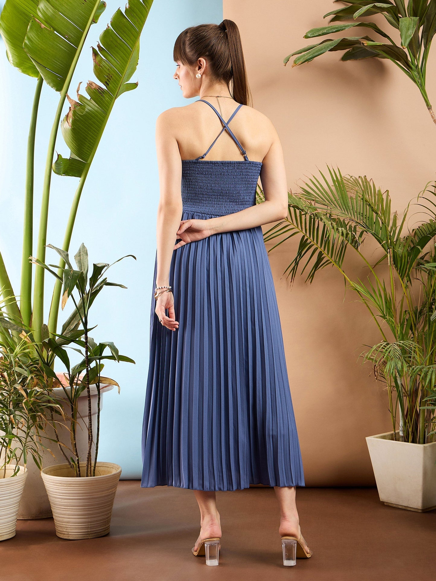 Blue Strappy Pleated Maxi Dress-SASSAFRAS