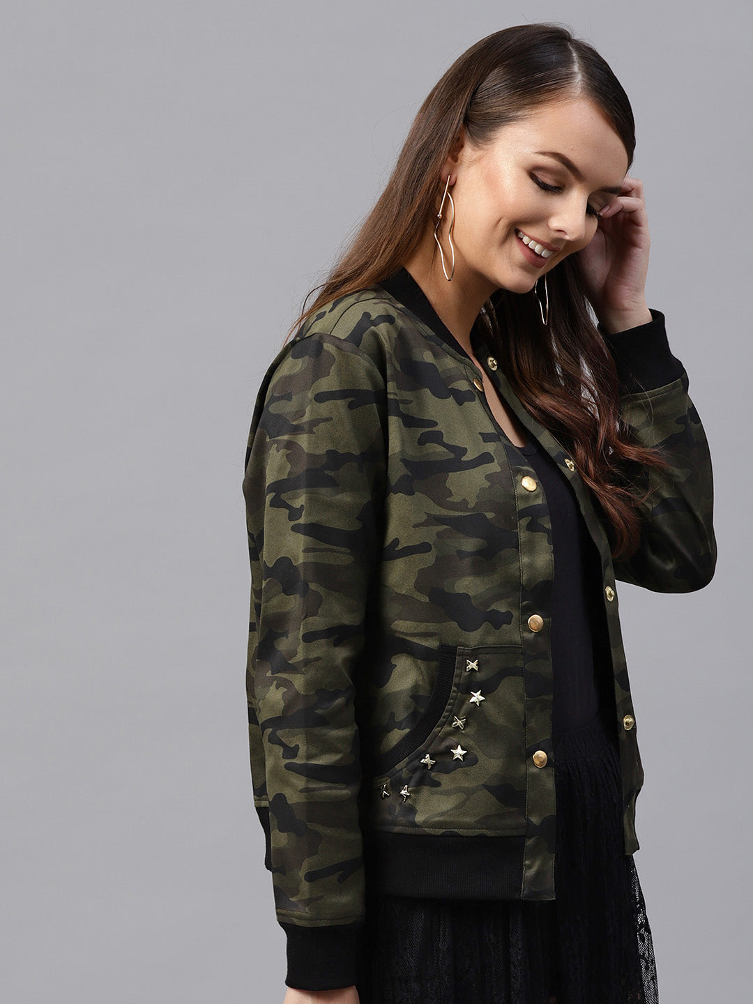 Women Green Camouflage Bomber Jacket