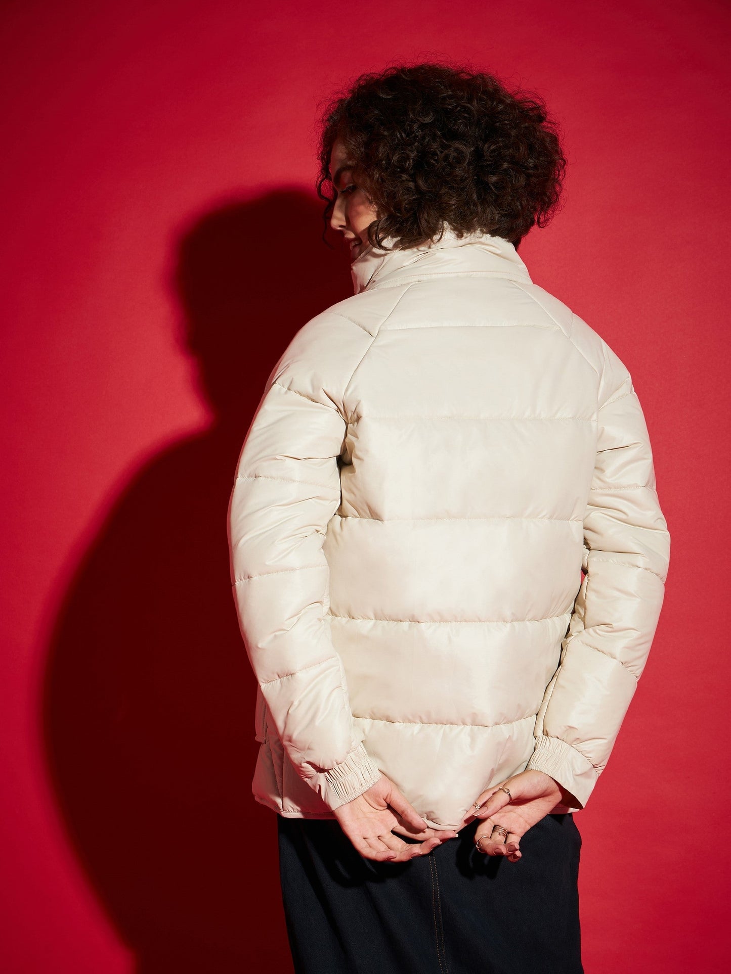 Beige High Neck Diamond Quilt Puffer Jacket-SASSAFRAS