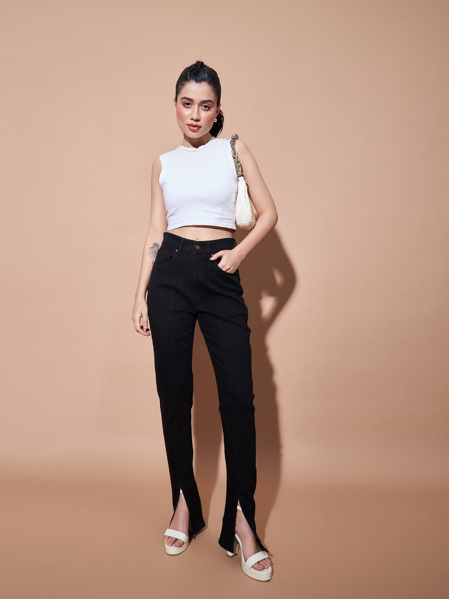 Black Mid Rise Skinny Fit Slit Jeans-SASSAFRAS BASICS