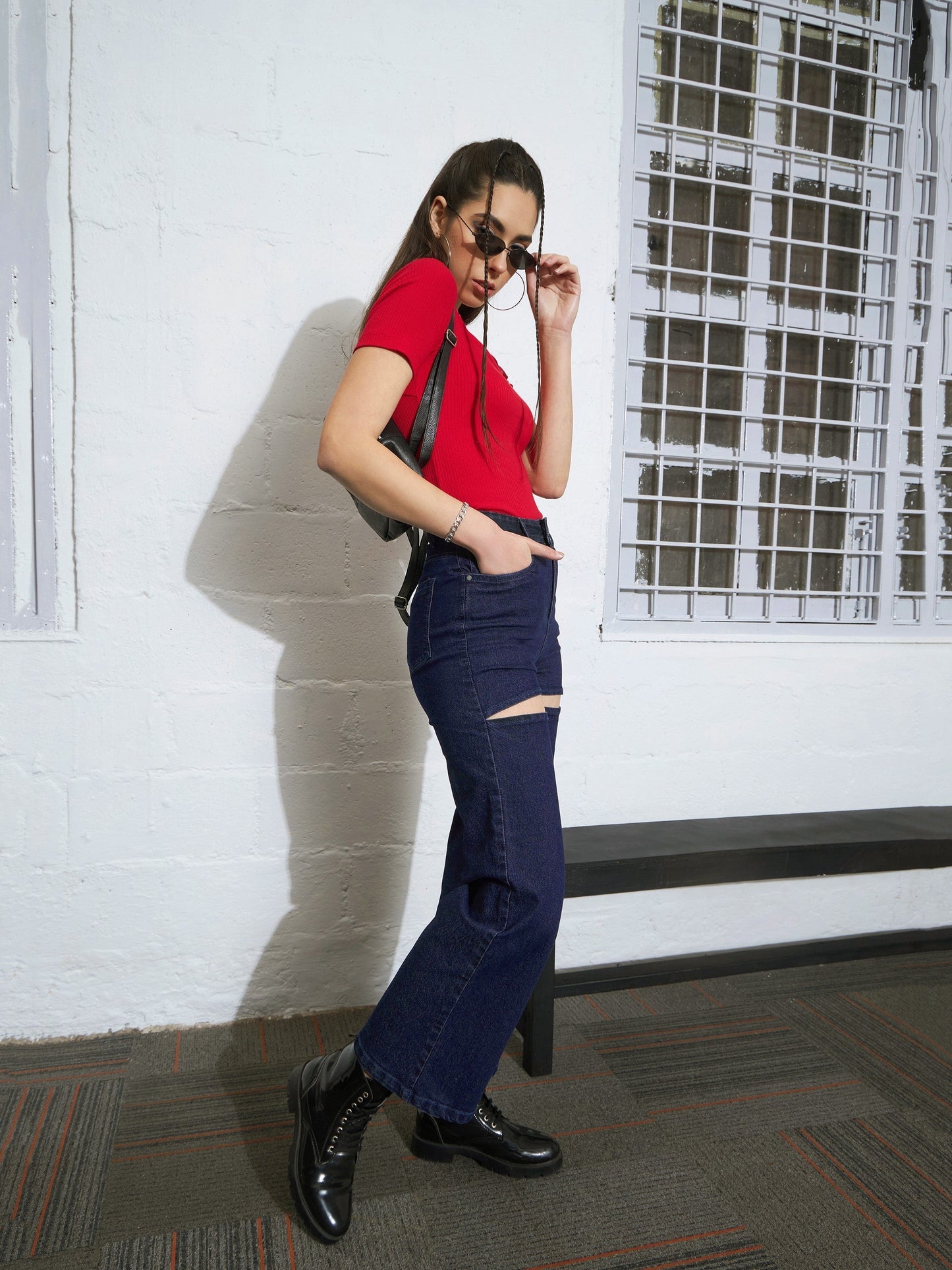 Navy Washed Thigh Cut Out Straight Jeans -SASSAFRAS