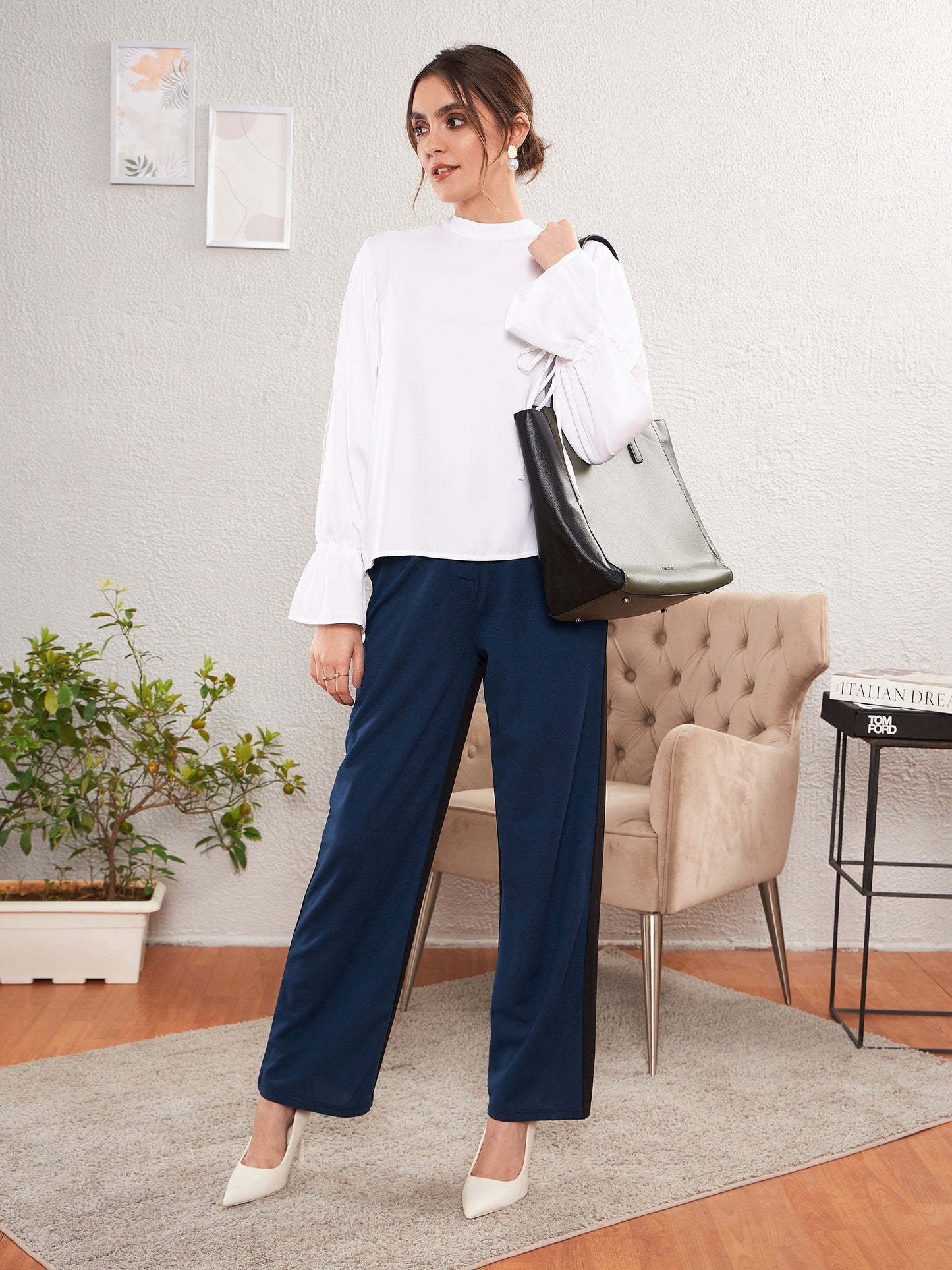 Women Blue & Black Color Block Straight Pants