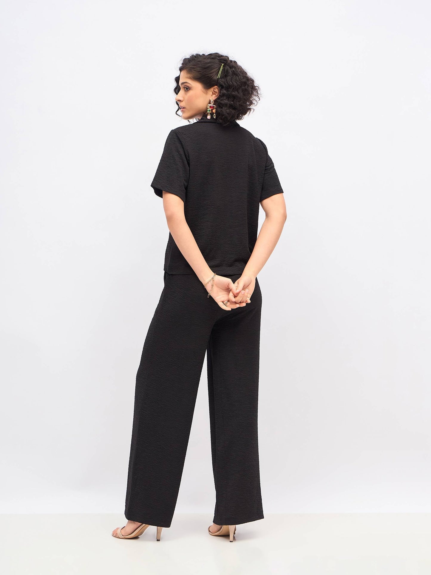 Women Black Knit Notch Collar Shirt With Darted Pants