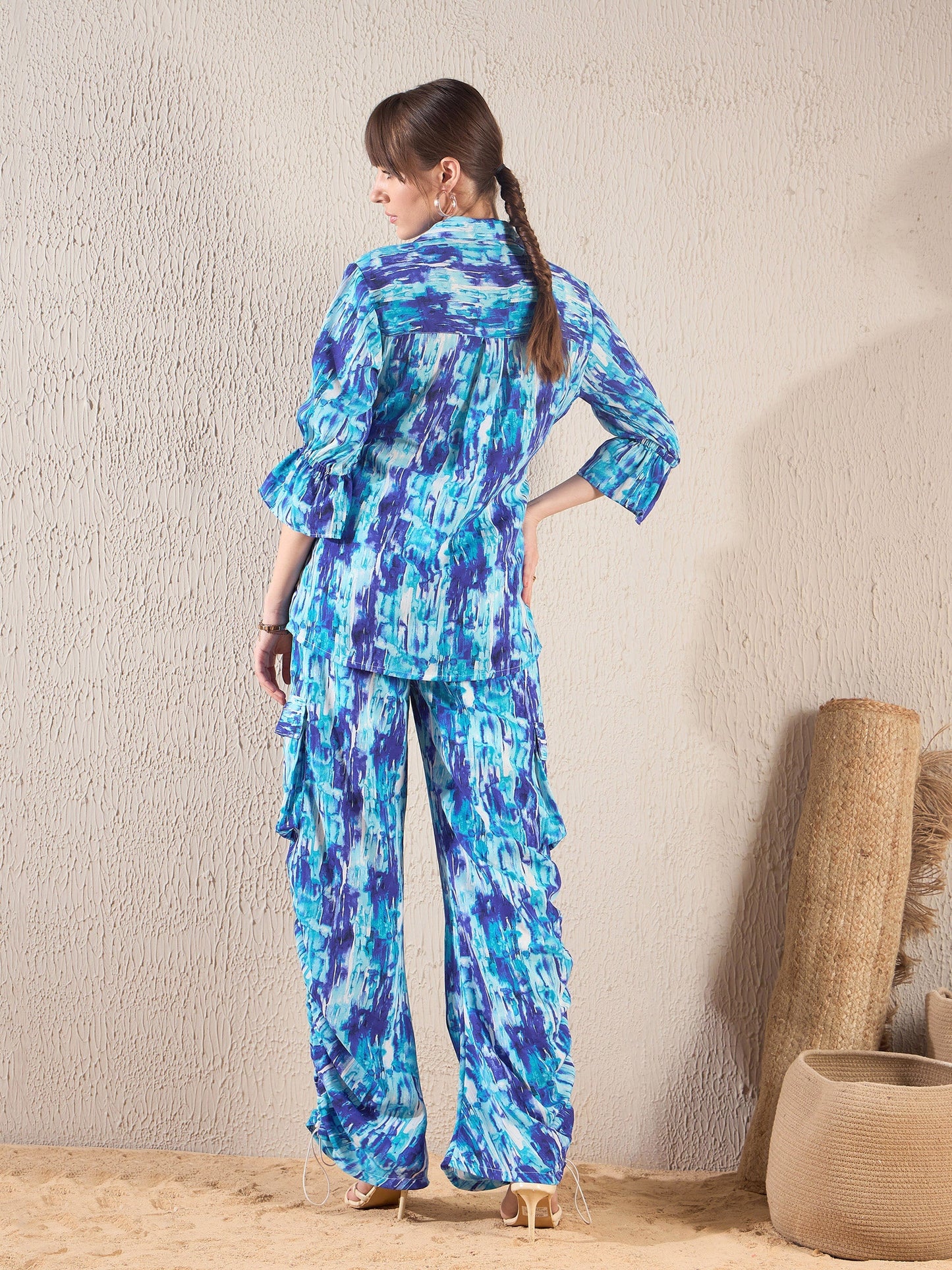 Blue Brushstroke Tie Shirt With Ruched Cargo Pants-SASSAFRAS