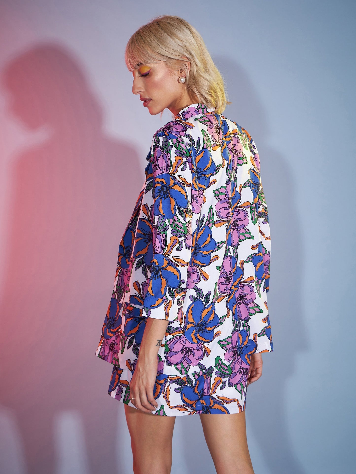 Women Purple Big Floral Crop Top With Skirt And Blazer