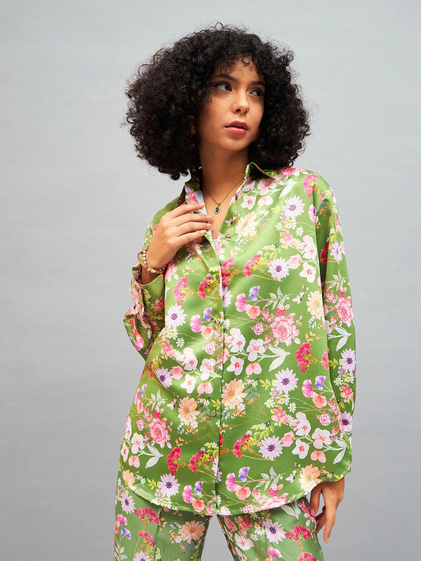 Olive Satin Floral Oversized Shirt-SASSAFRAS