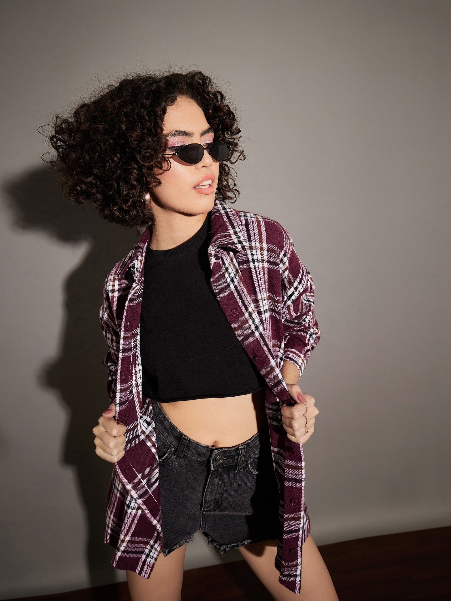 Women Maroon Yarndyed Back Cris Cross Detail Oversized Shirt