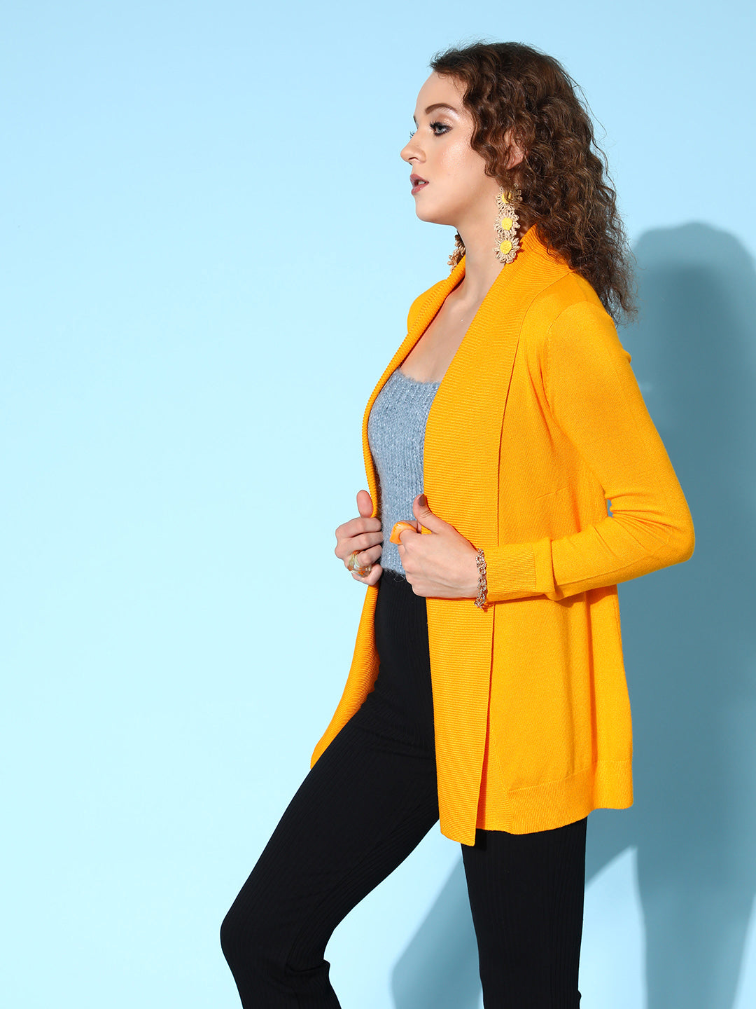 Mustard Shawl Collar Front Open Sweater-SASSAFRAS
