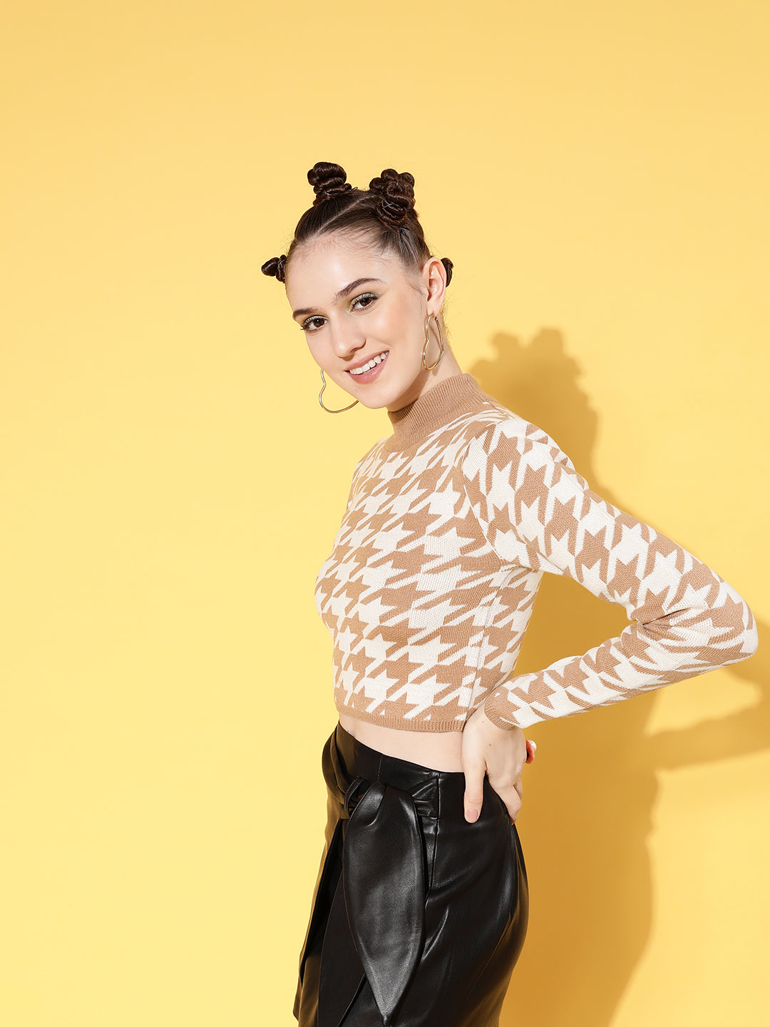 Brown And White Houndstooth Crop Sweater-SASSAFRAS