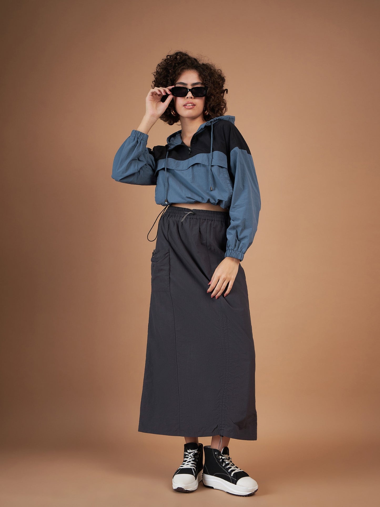Women Black Colourblock Parachute Hoodie