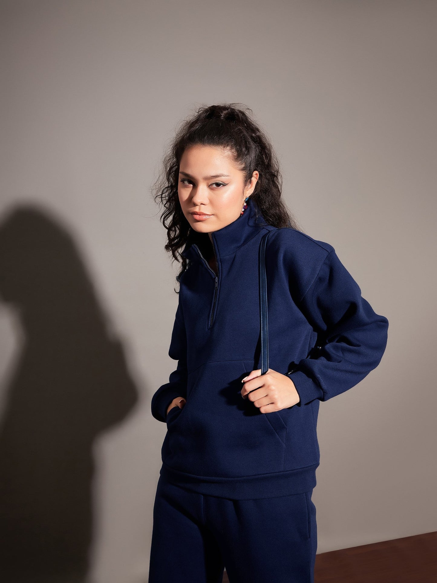 Navy Fleece Front Zipper Sweatshirt-SASSAFRAS