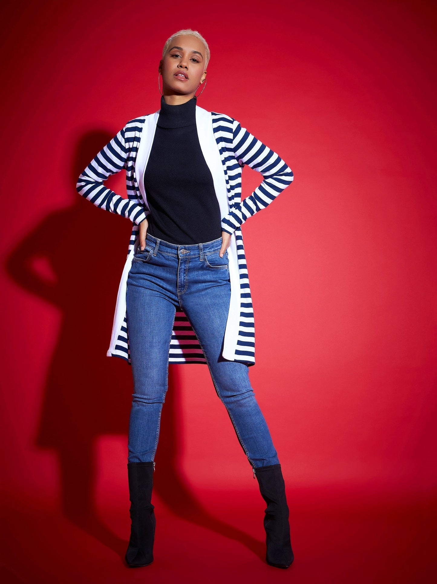 Navy & White Striped Front Open Sweater-SASSAFRAS