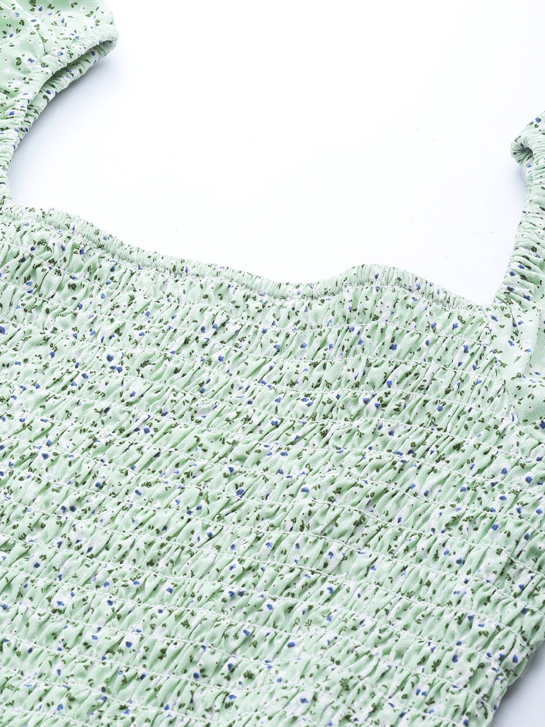 Women Green Floral Smocking Crop Top
