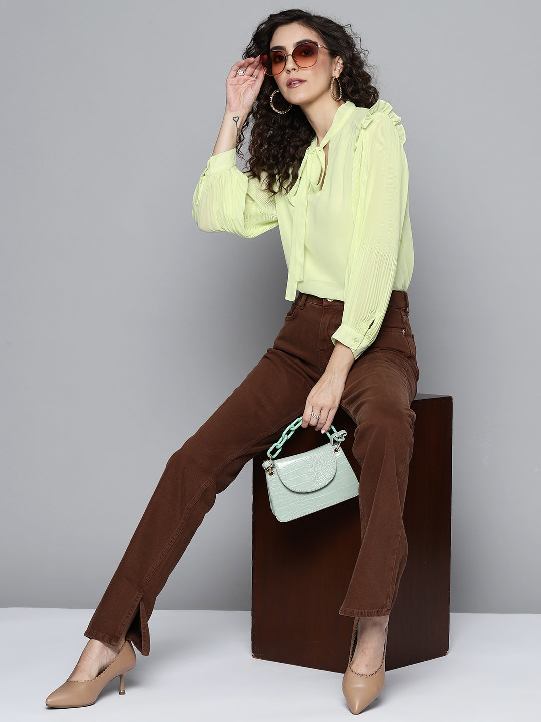 Women Sea Green Pleated Sleeve Tie-Up Top