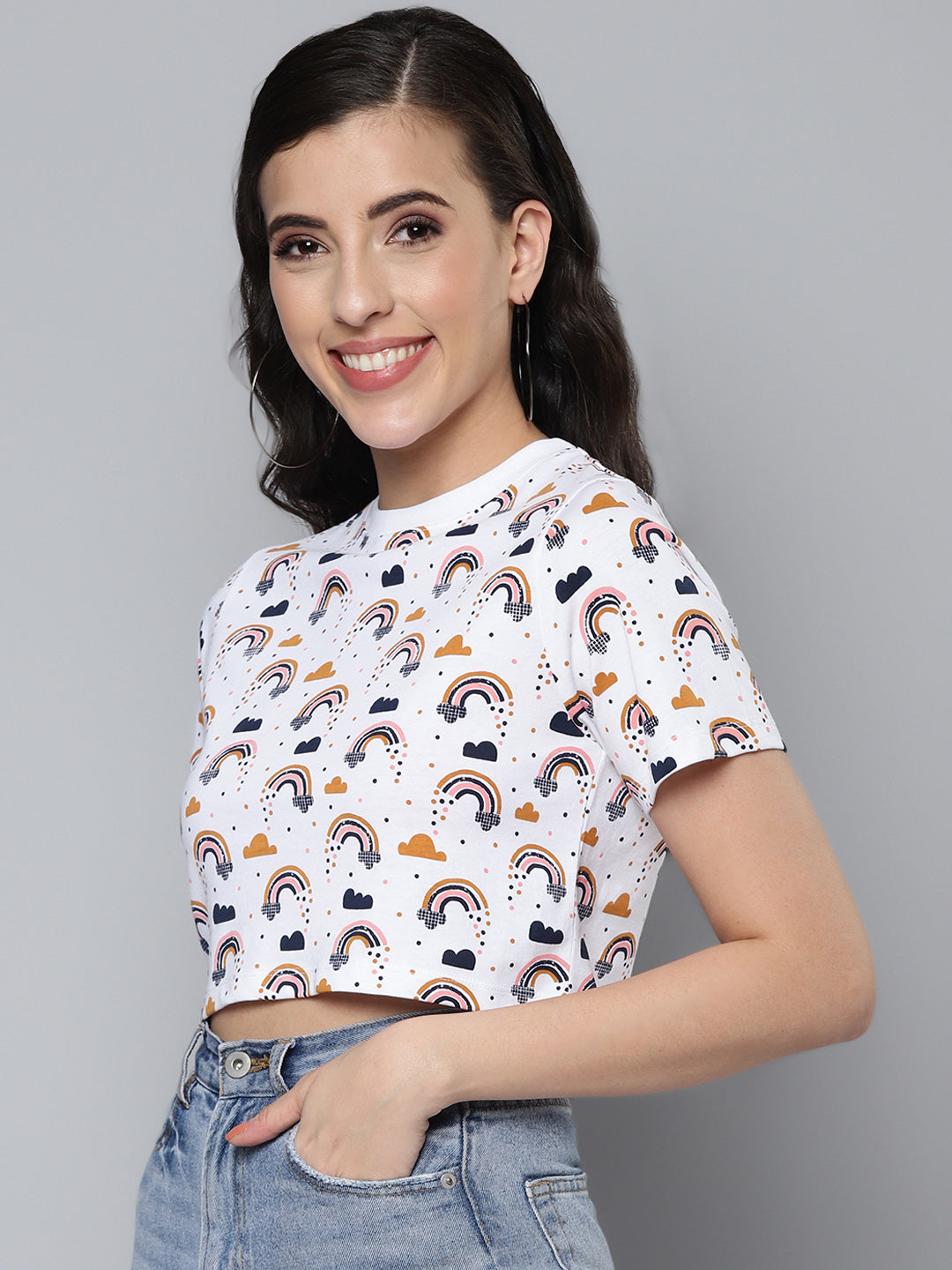 Women White Rainbow Slim Fit Crop T-Shirt