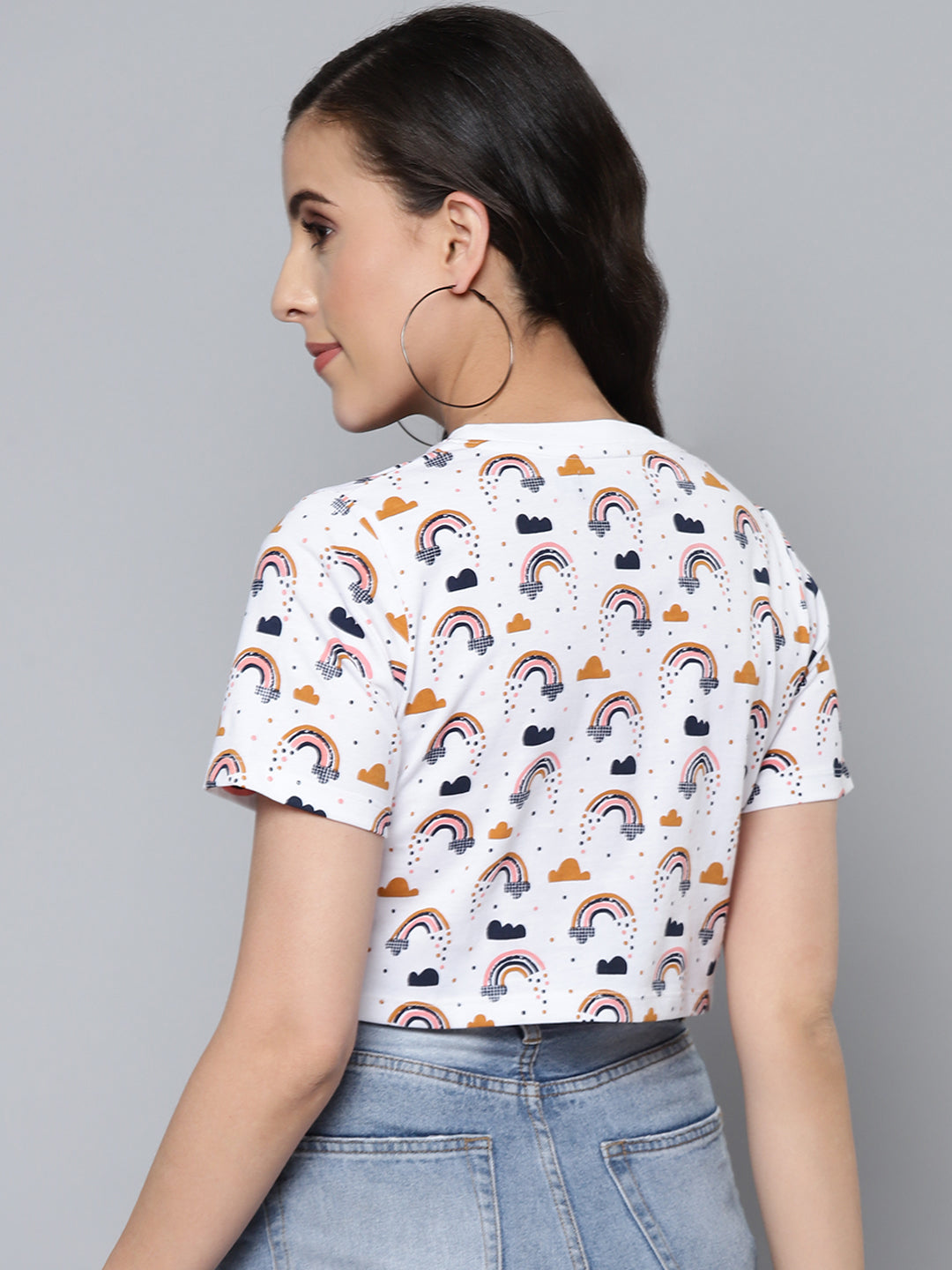 Women White Rainbow Slim Fit Crop T-Shirt