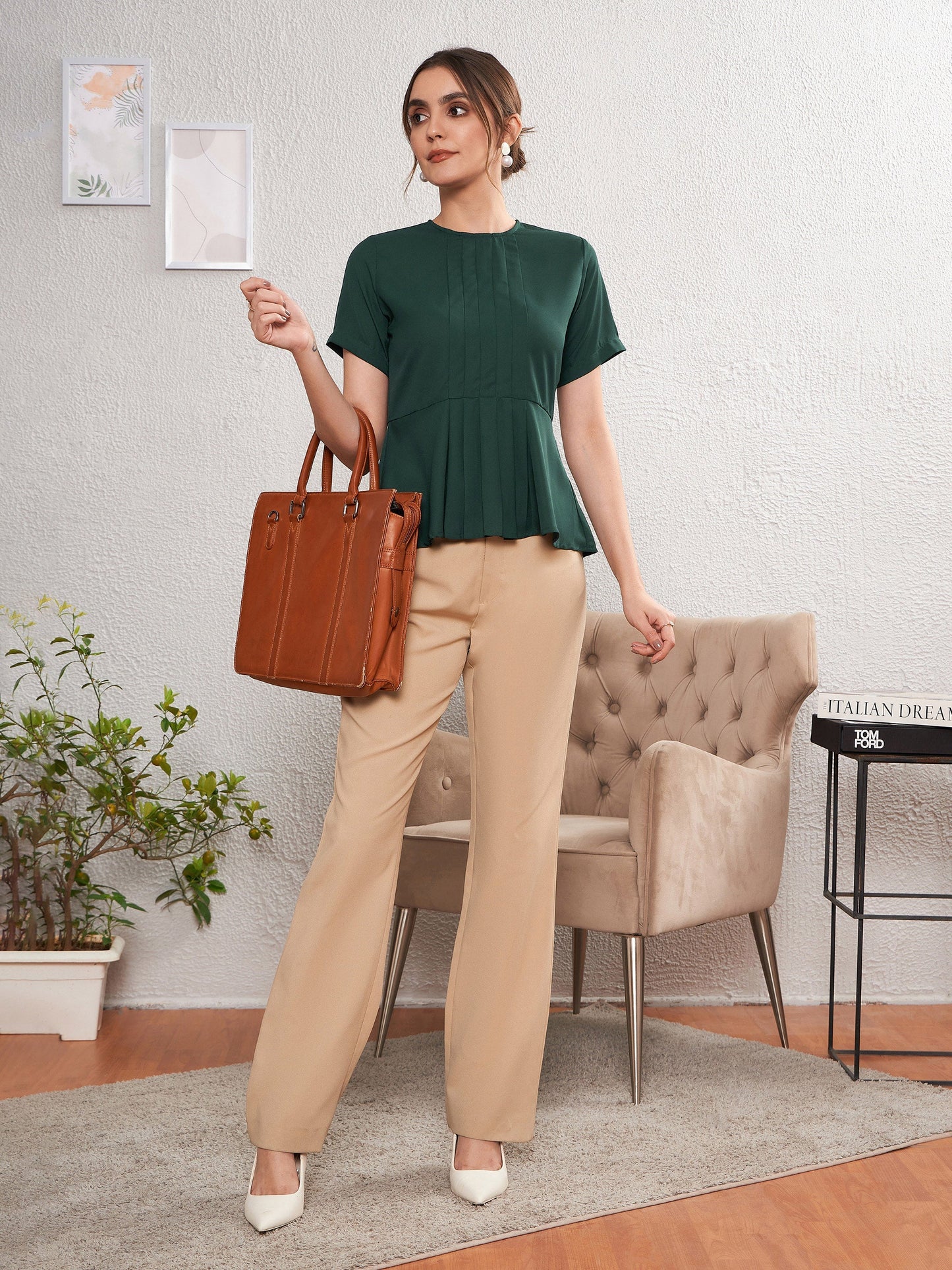 Women Emerald Green Front Pleated Peplum Top