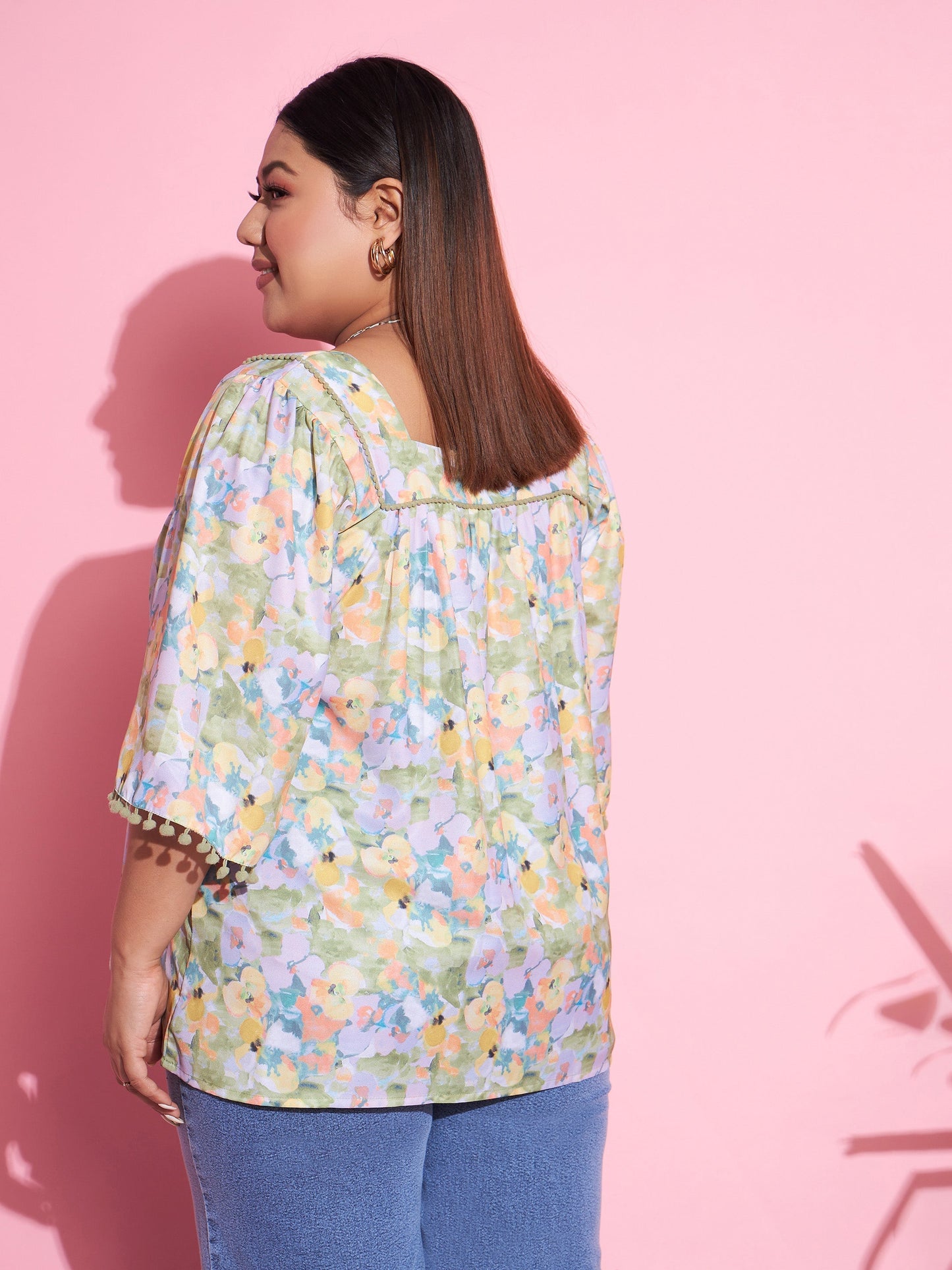Women Green Floral Square Neck Top