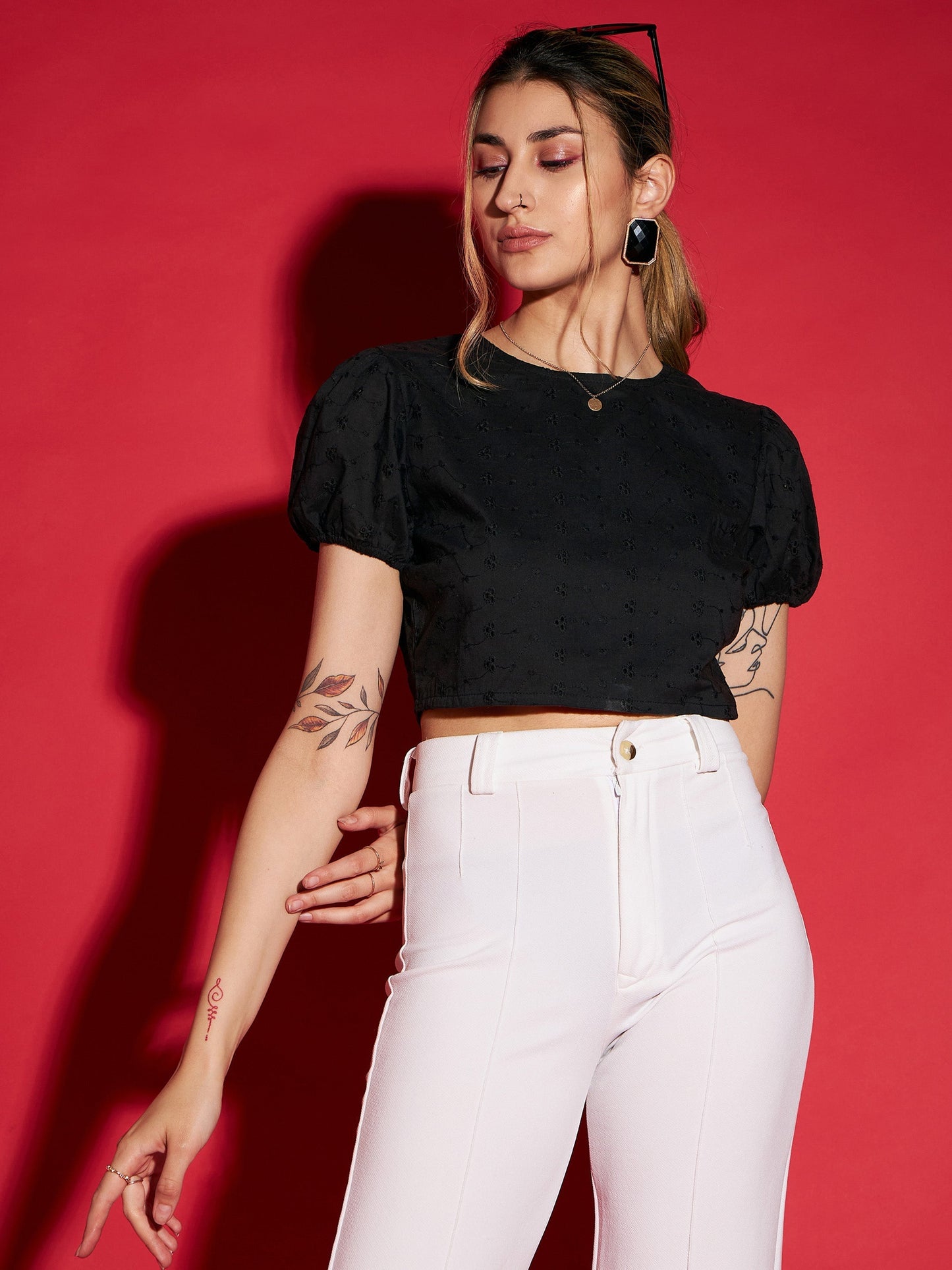 Black Schiffli Back Dori Detail Crop Top-SASSAFRAS