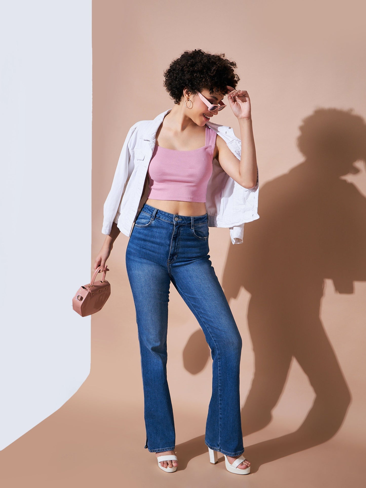 Women Dull Pink Rhombus Neck Ribbed Crop Top