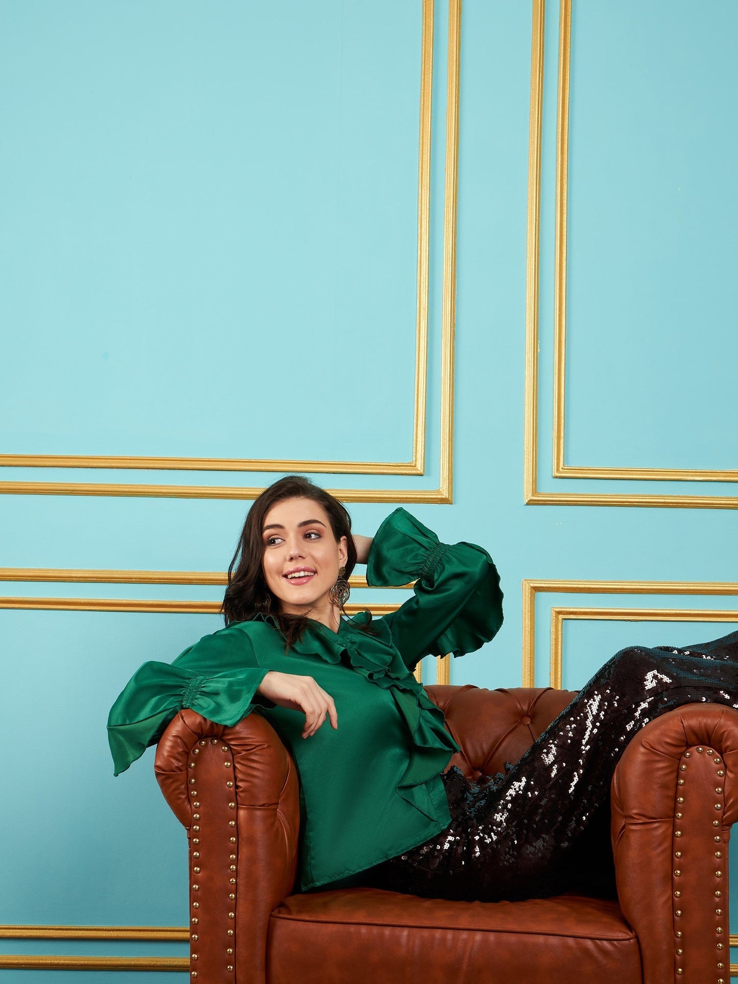 Women Green Satin Frill Top