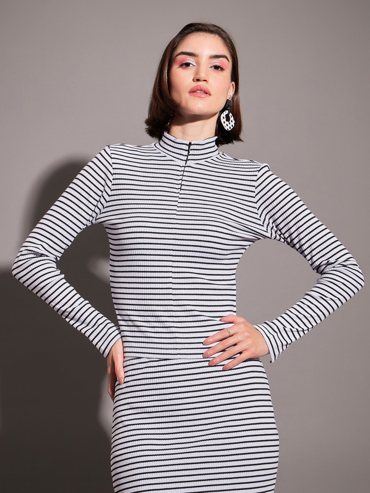 Black & White Striped Rib High Neck Front Zipper Top-SASSAFRAS