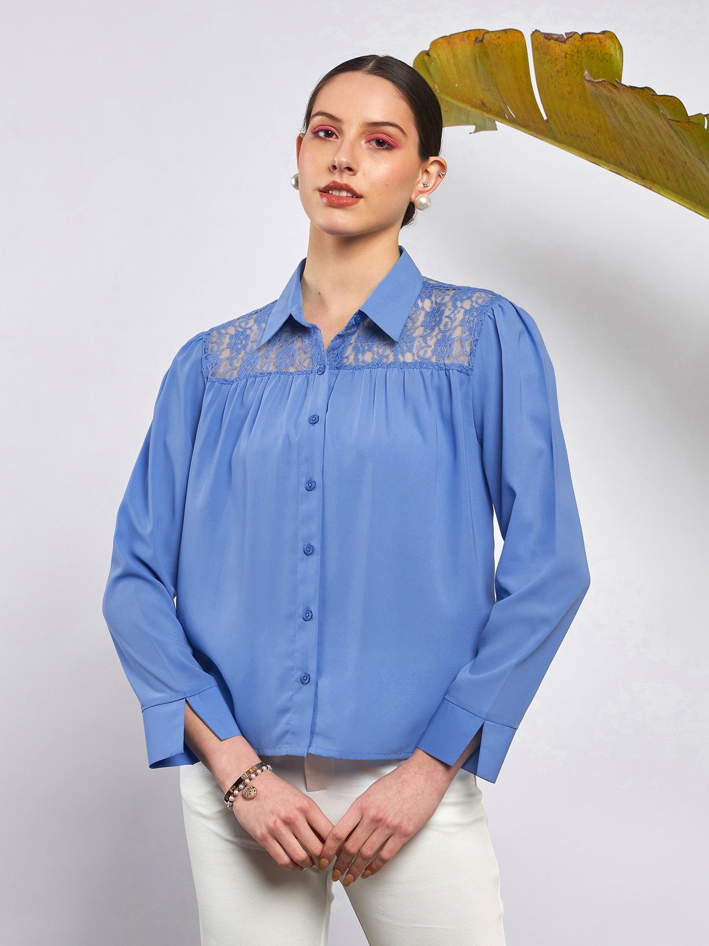 Women Dull Blue Lace Detail Blouse