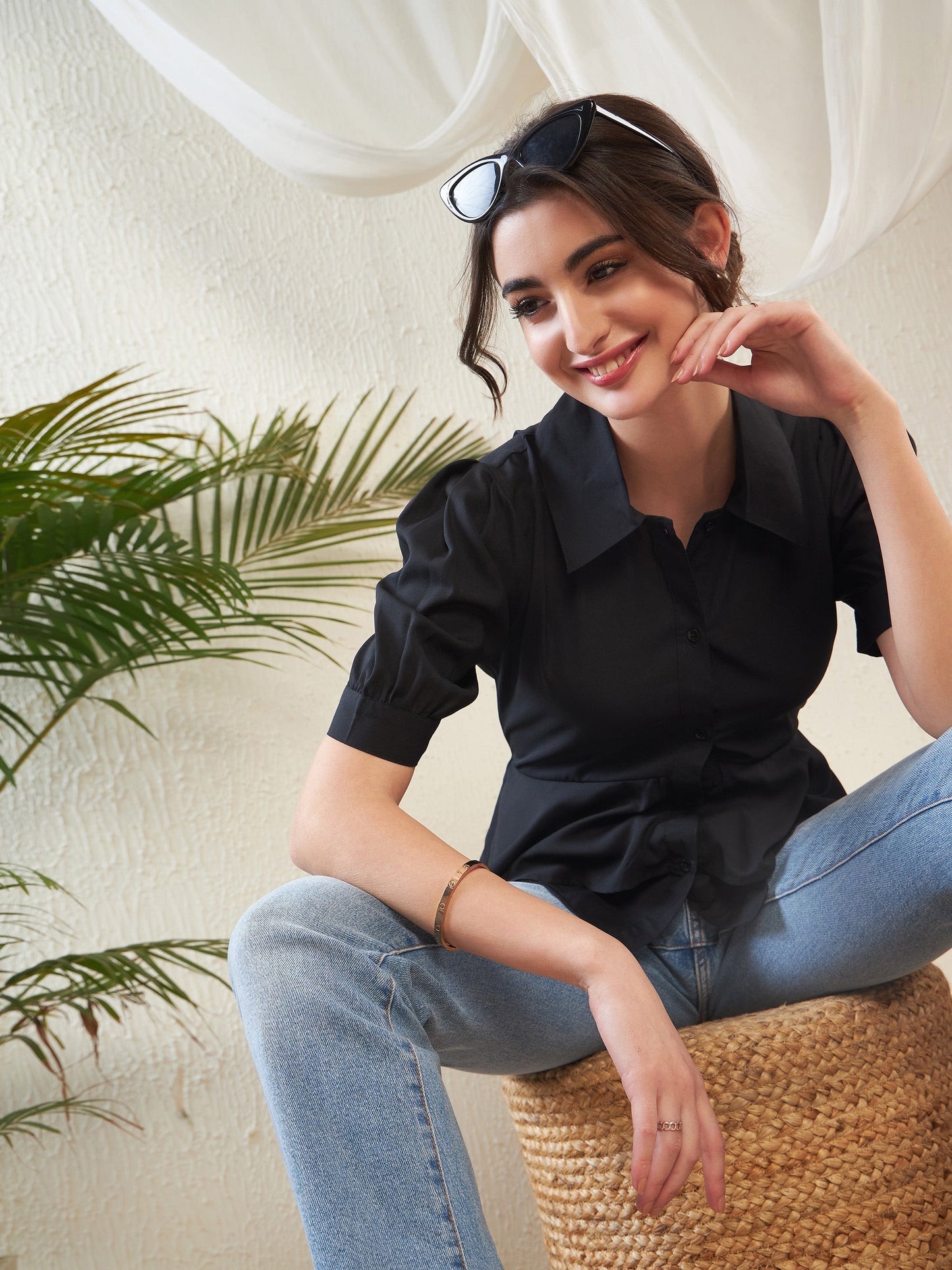 Women Black Frill Detail Shirt Style Blouse