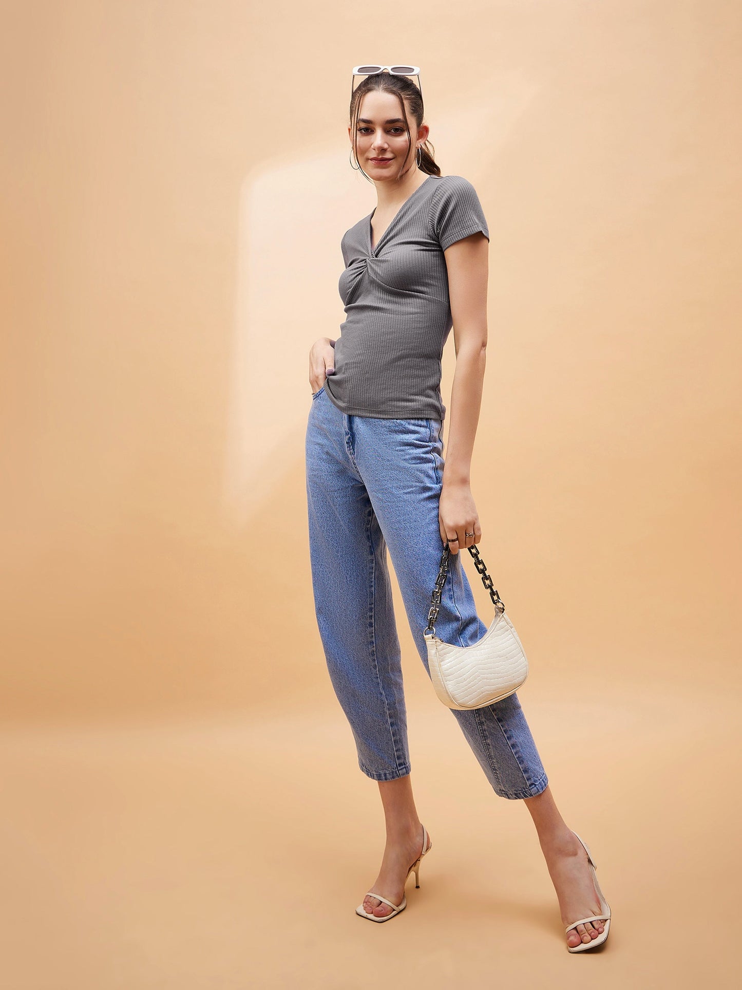 Women Grey Rib Twisted Neck Top