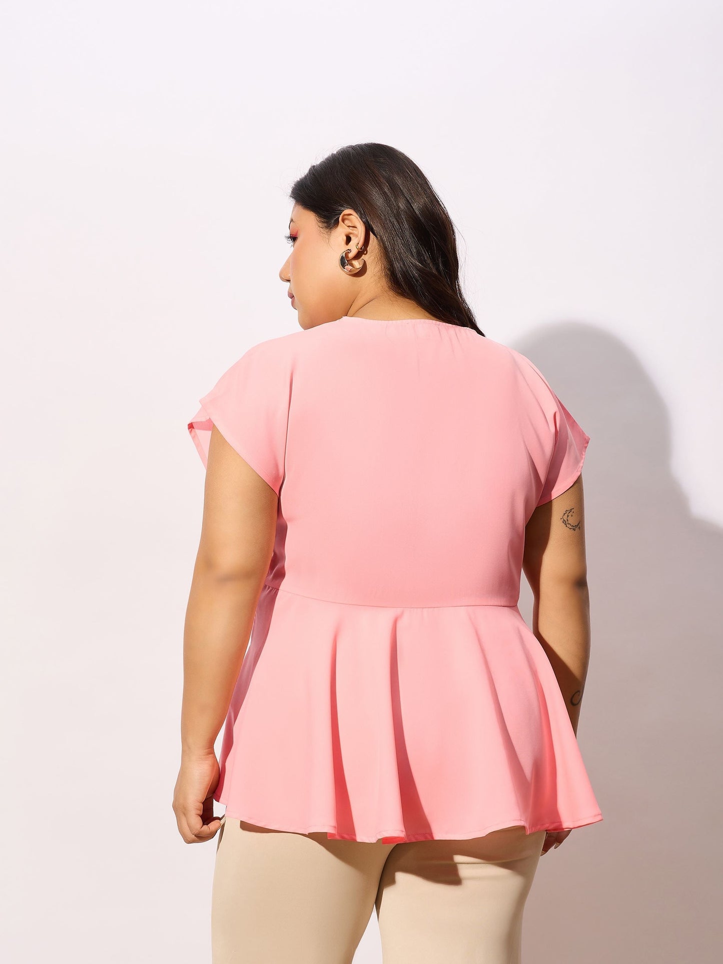 Women Peach Front Knot Peplum Top