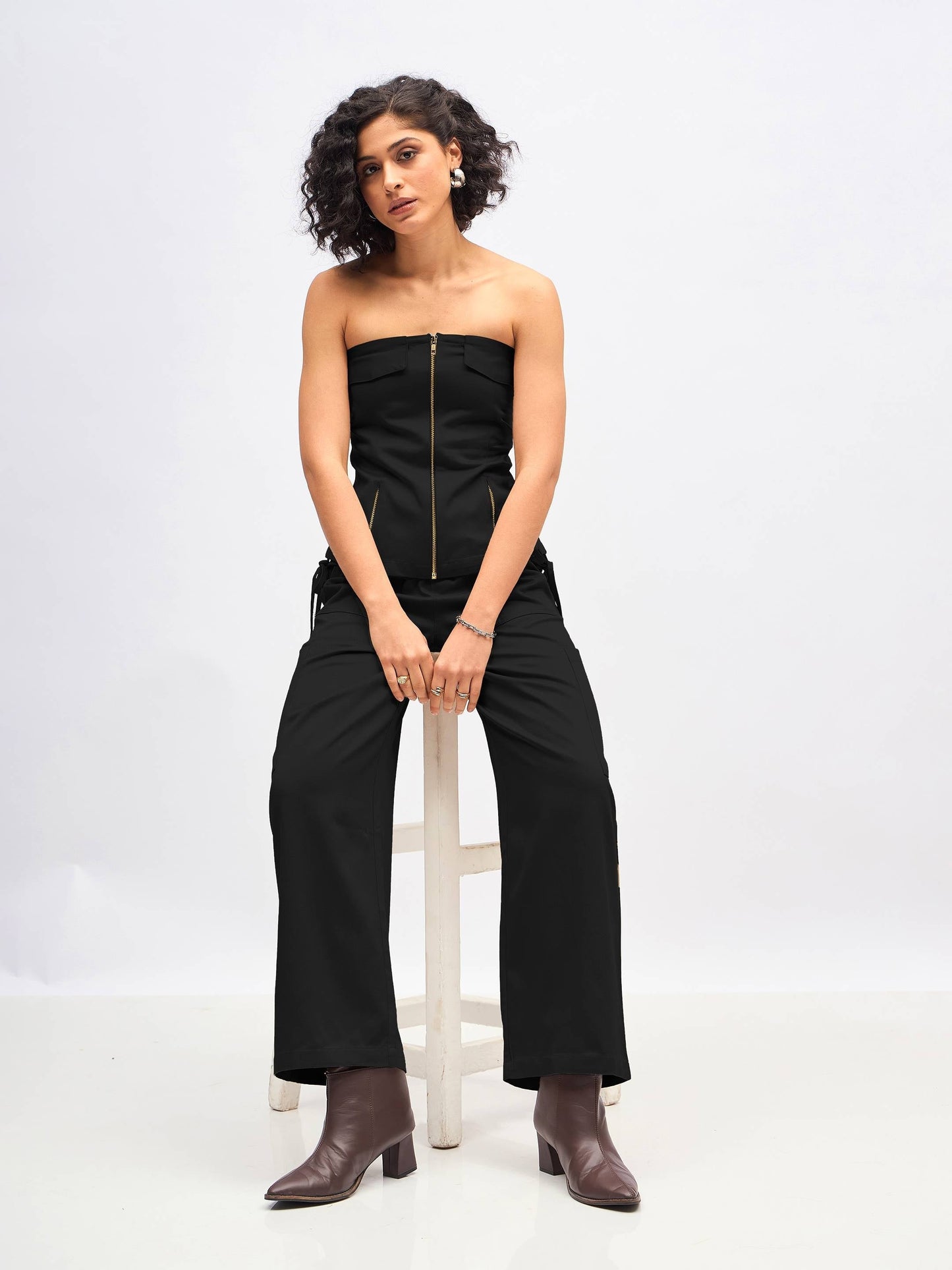 Women Black Twill Front Zip Detail Corset Top