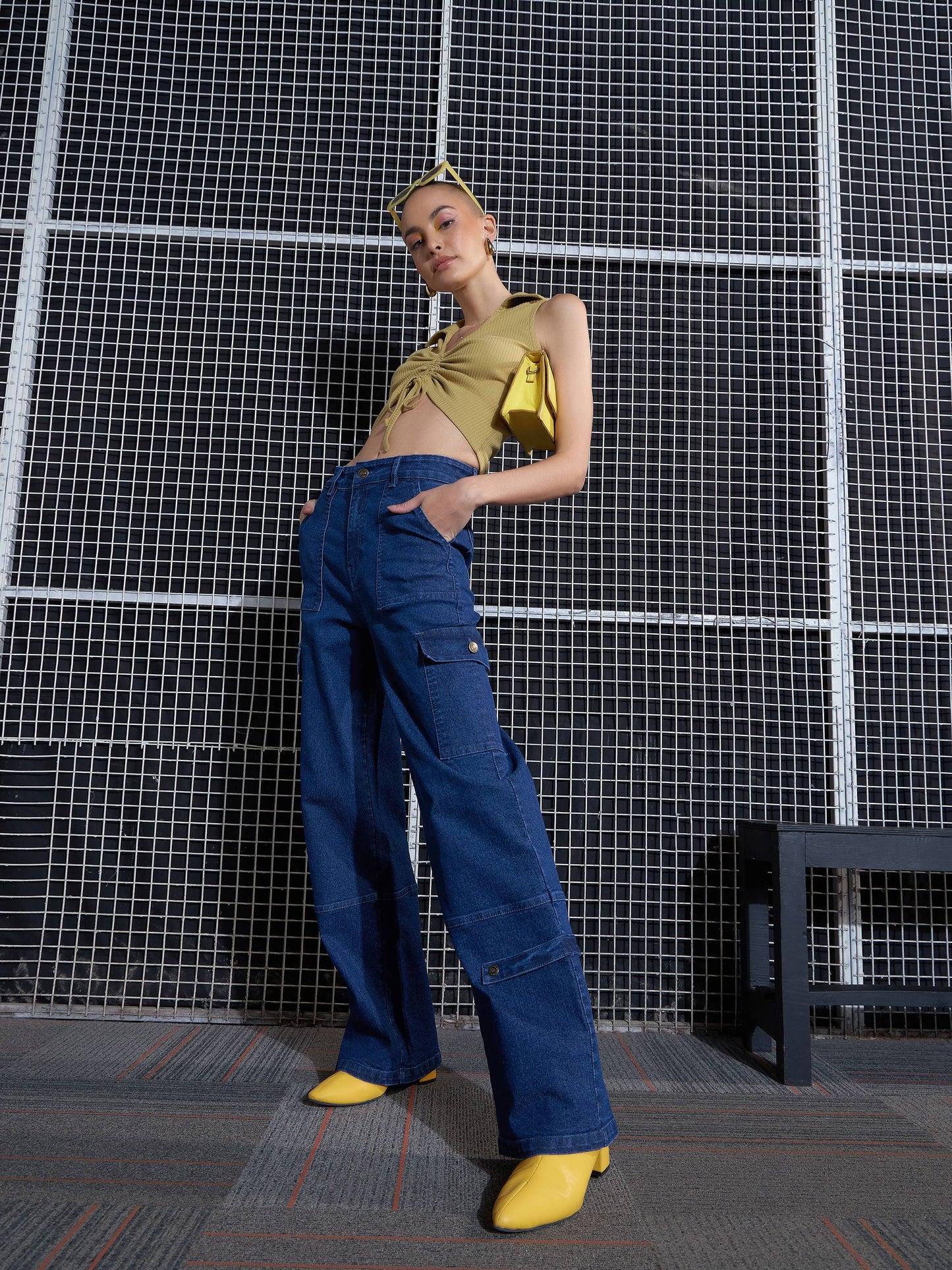 Khaki Rib Front Rouched Tank Top -SASSAFRAS