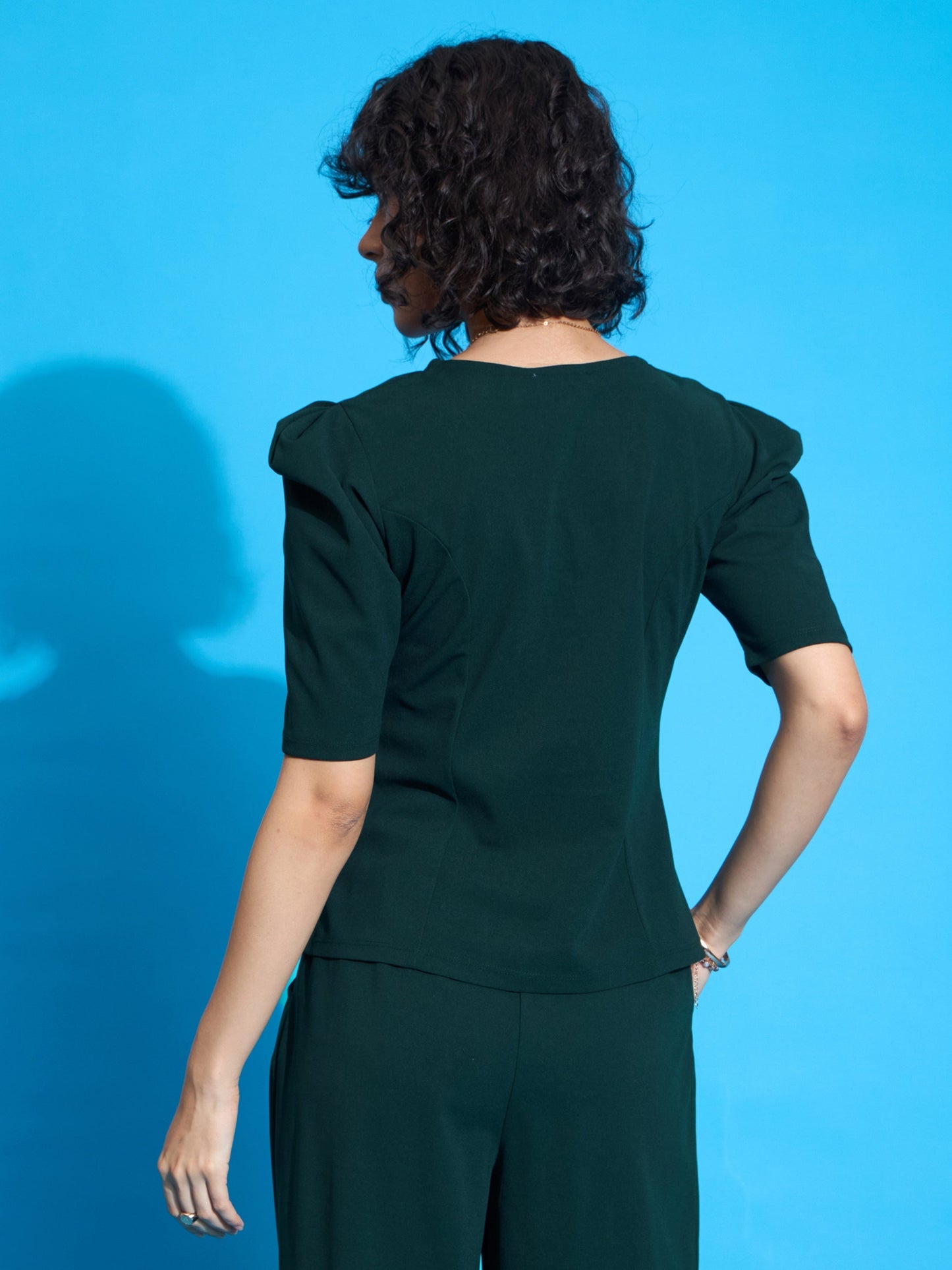 Women Emerald Square Neck Puff Sleeve Top