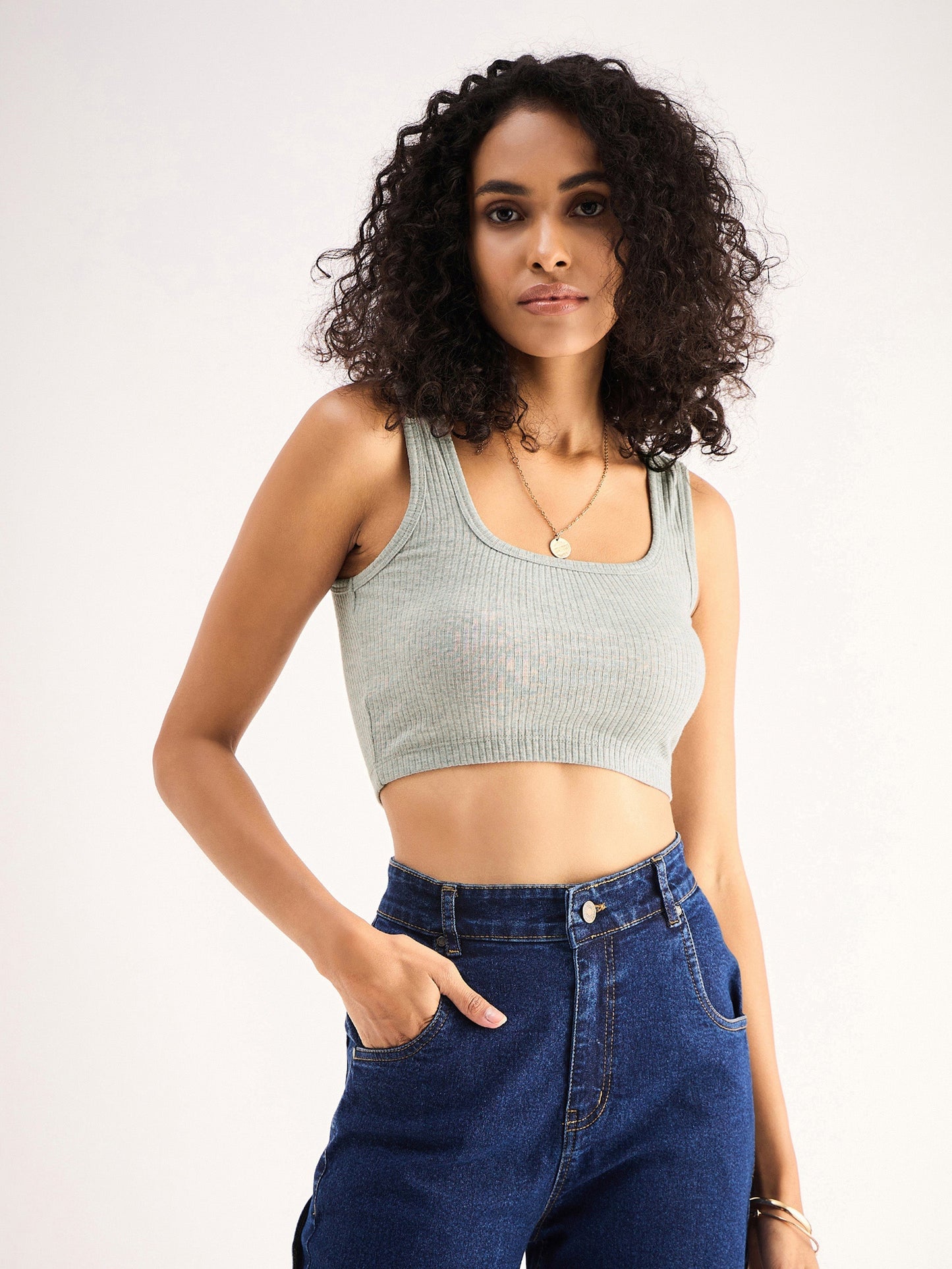 Women Grey Rib Square Neck Cropped Tank Top