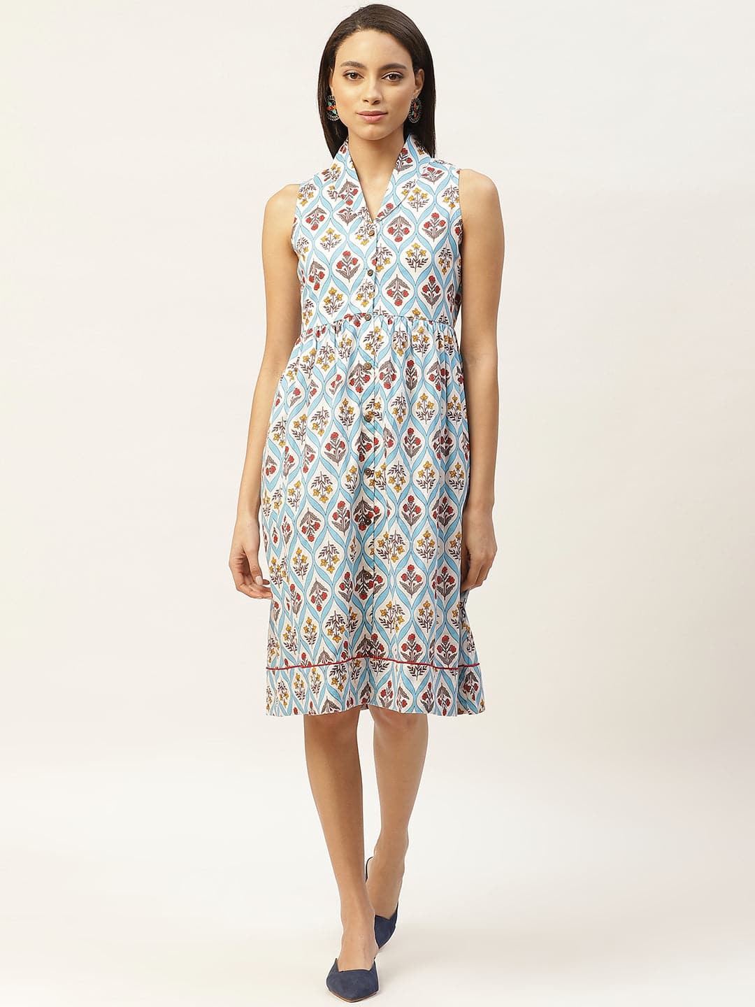 Blue Floral Shawl Collar Front Open Dress-Dress-SASSAFRAS