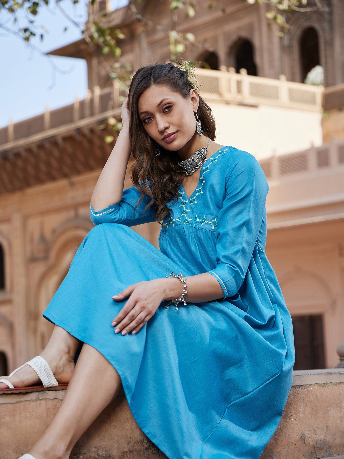 Women Teal Embroidered Slant Empire Seam Kurta