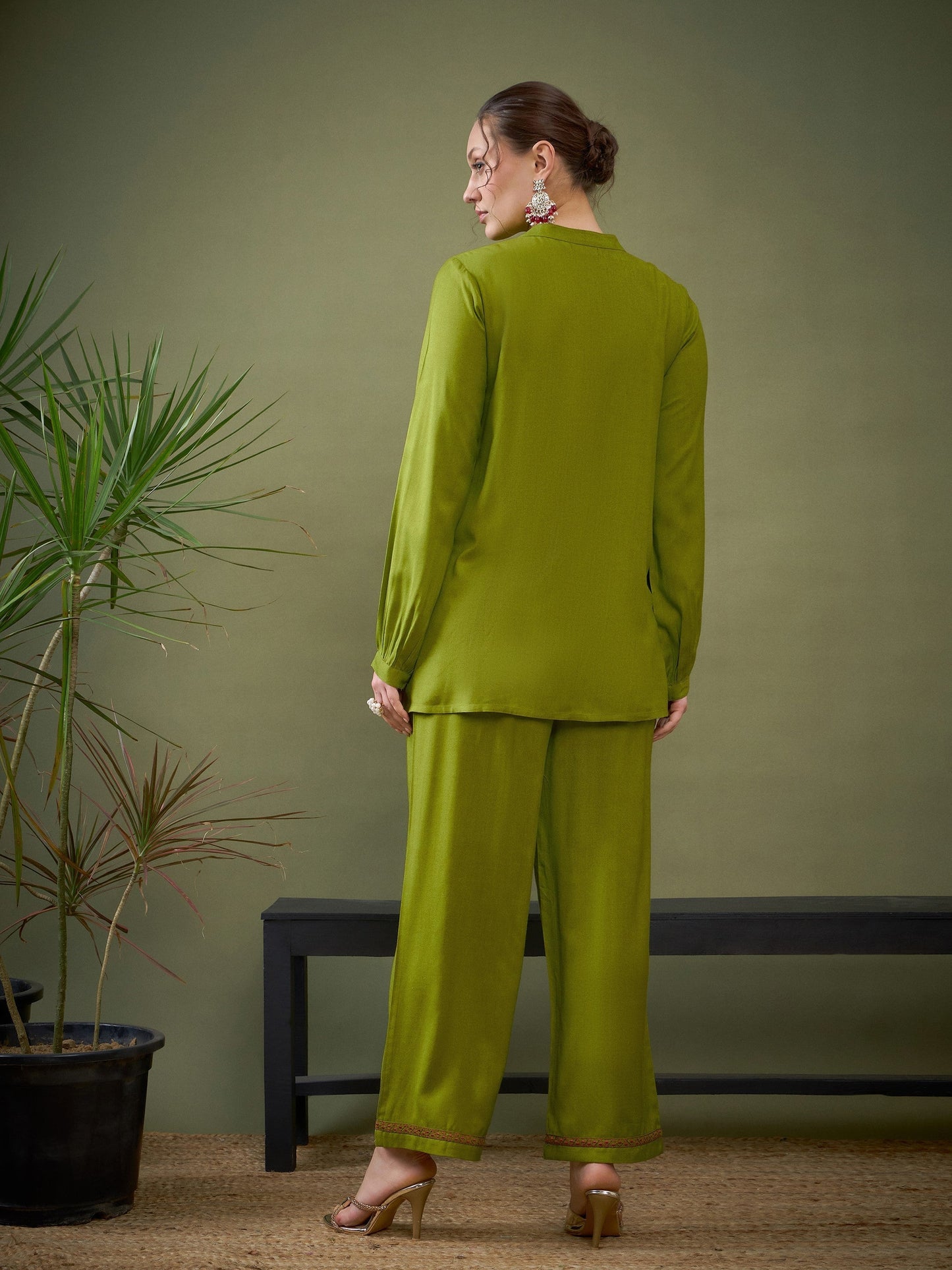 Green Hem Embroidered Shirt With Palazzos-Shae by SASSAFRAS