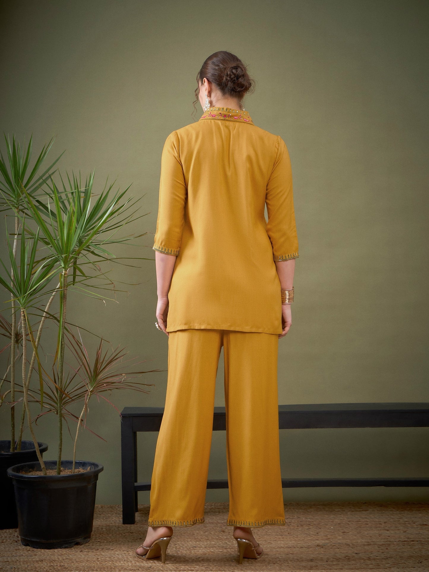 Mustard Shawl Collar Embroidered Shirt With Palazzos-Shae by SASSAFRAS