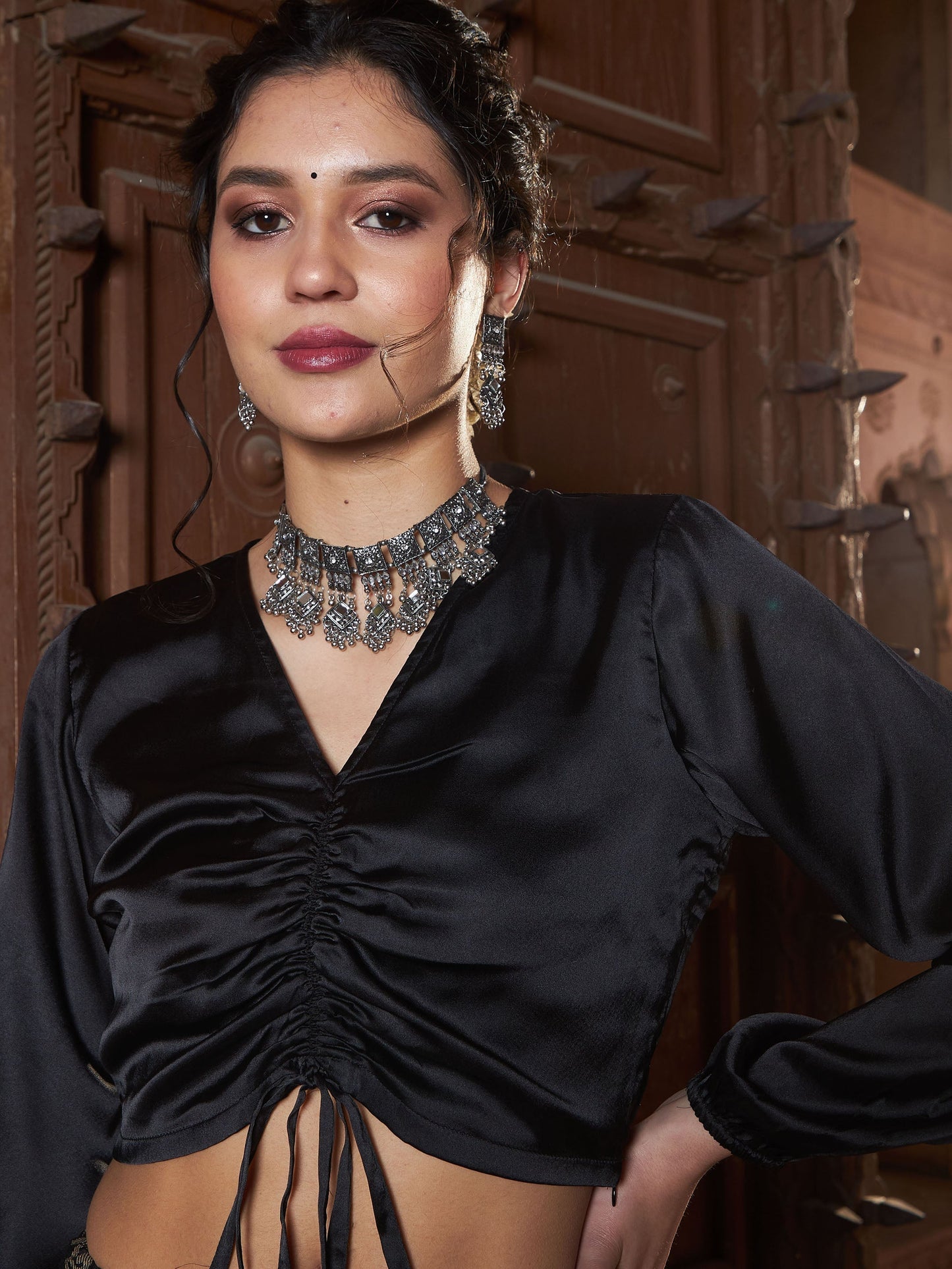 Black Satin Ruched Crop Top-Shae by SASSAFRAS