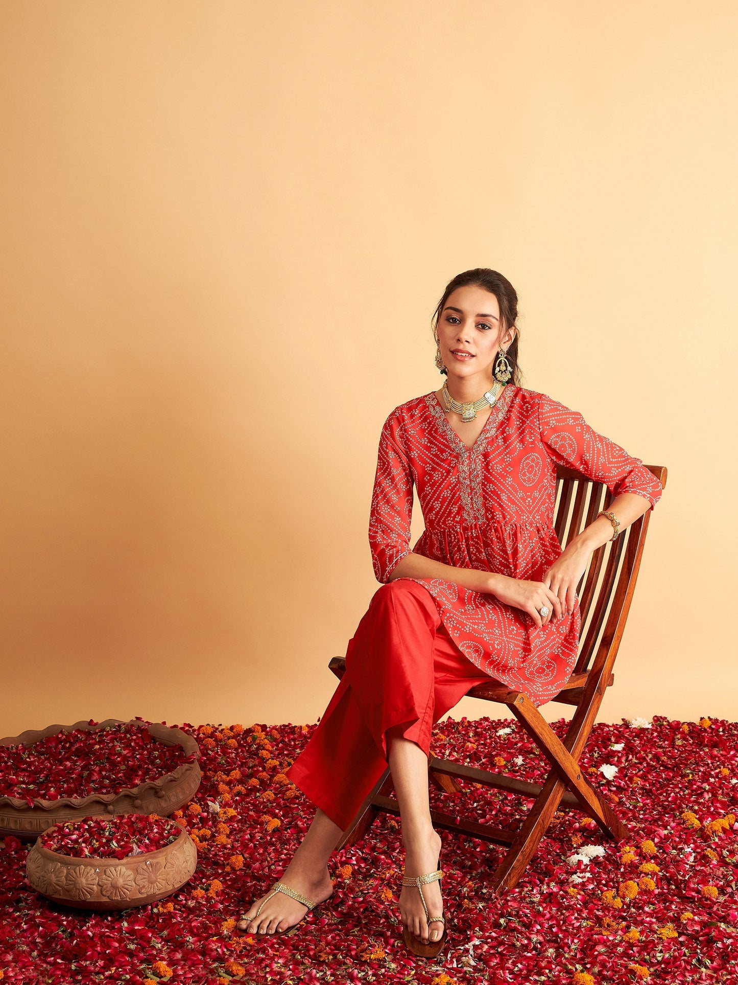 Women Red & White Bandhej Wrap Peplum Top