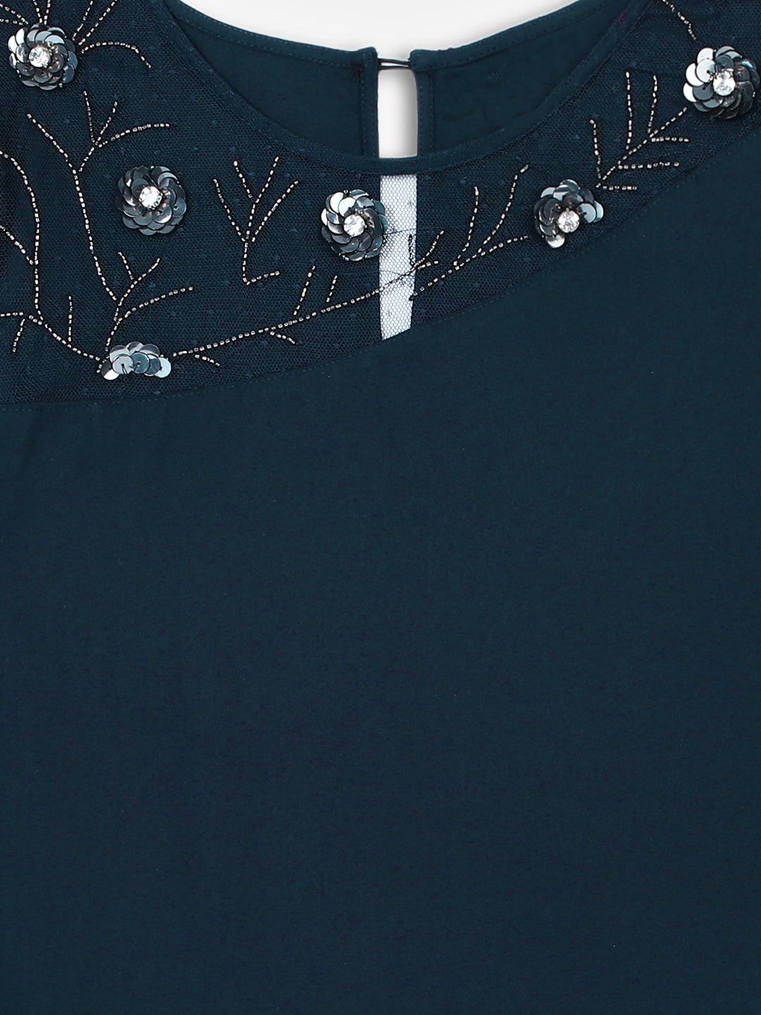 Women Navy A-Line Sheer Neck Top