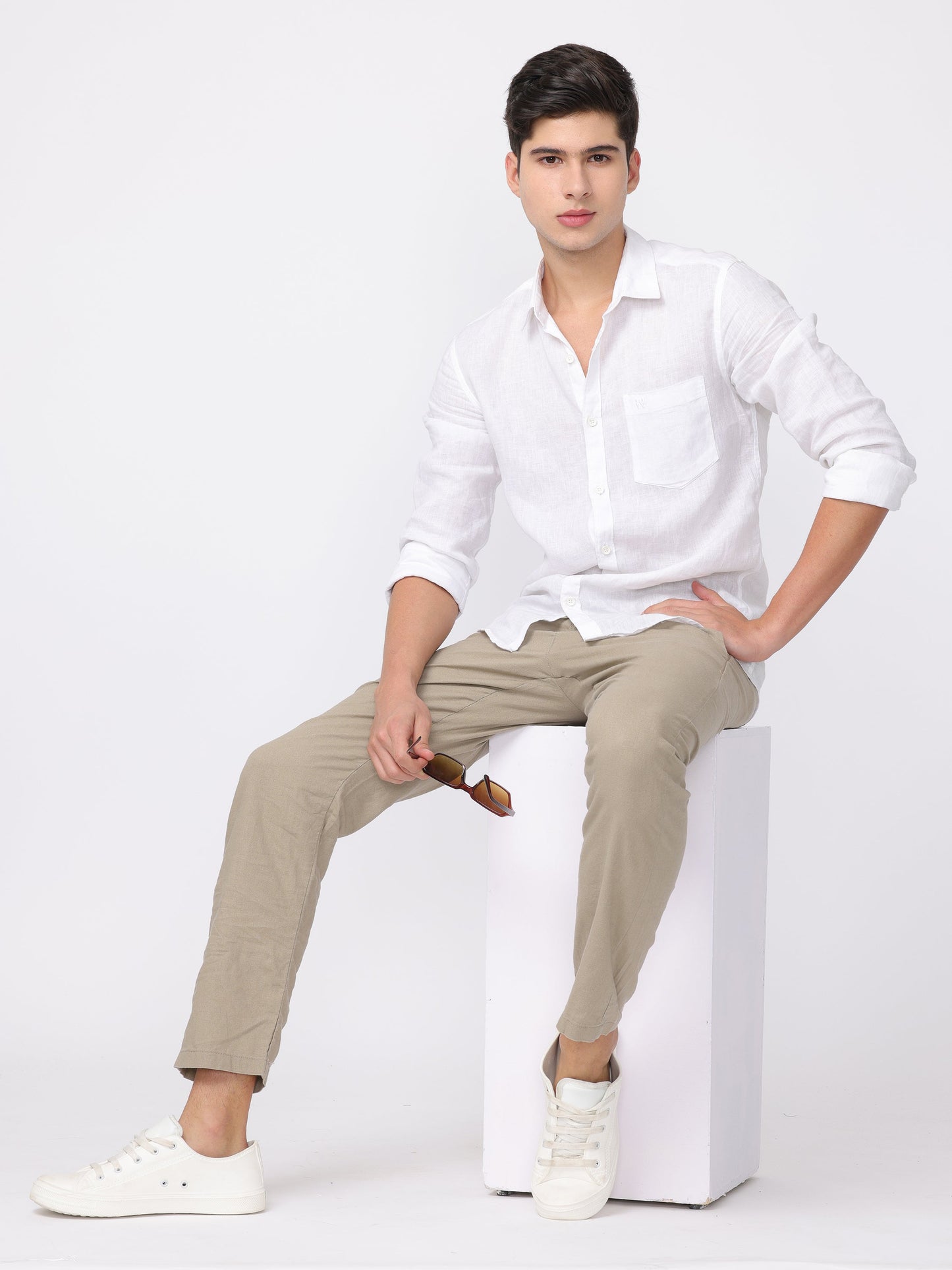 Men Beige Regular Fit Linen Blend Pants