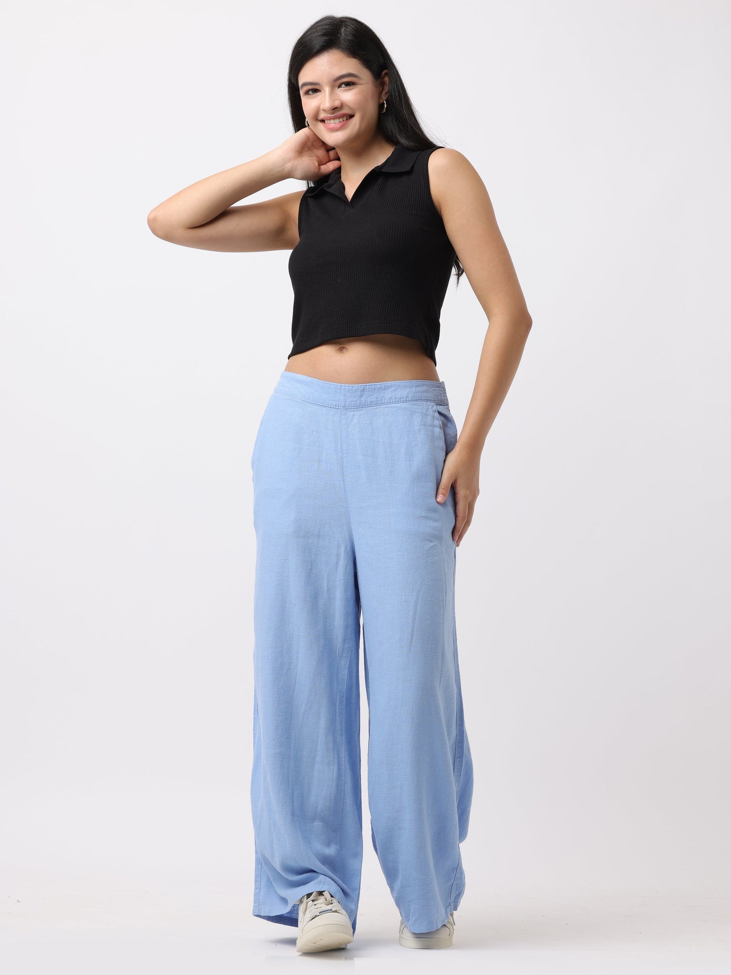 Women Blue Regular Fit Pants with Elastic Waist