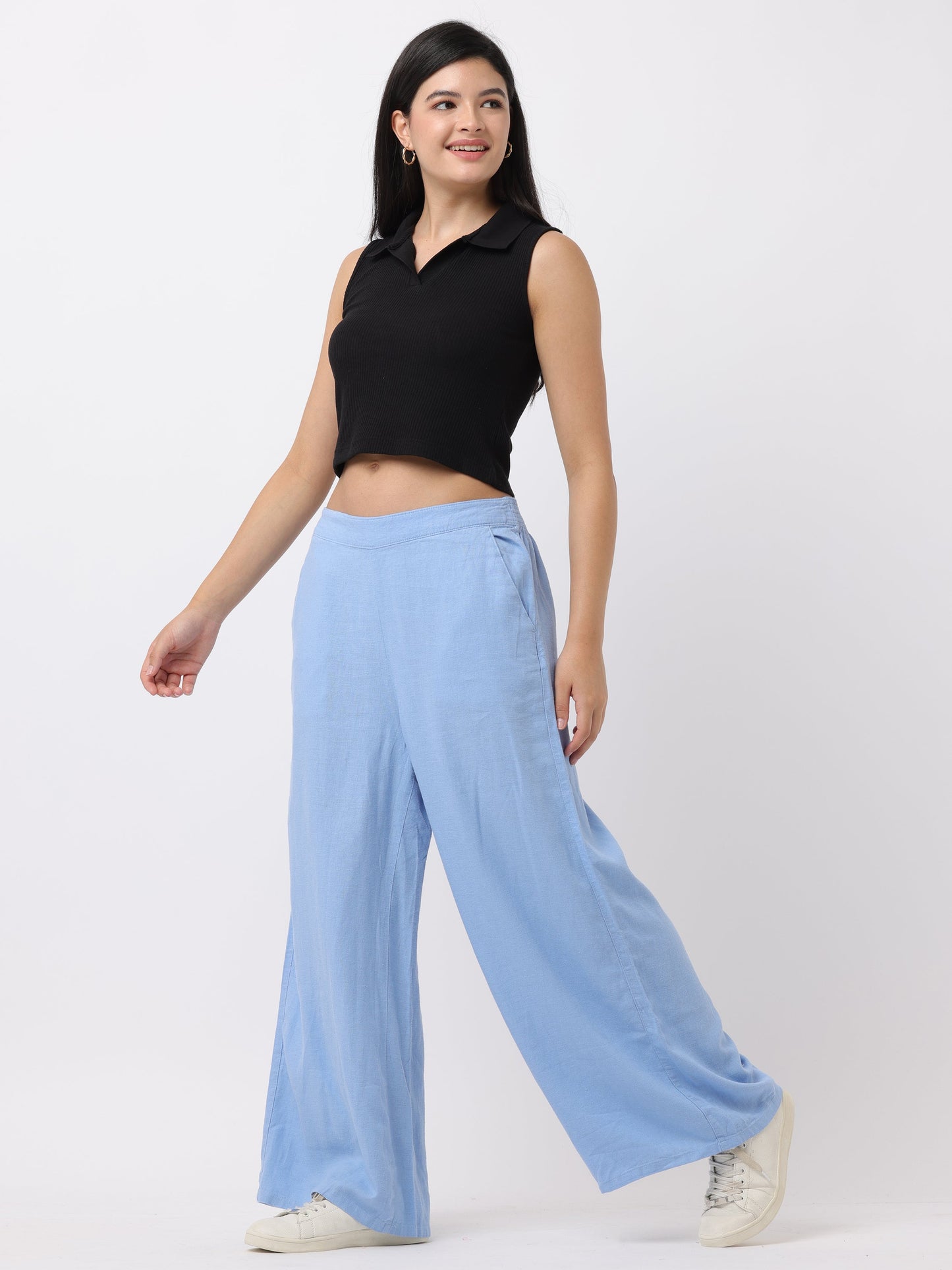 Women Blue Regular Fit Pants with Elastic Waist