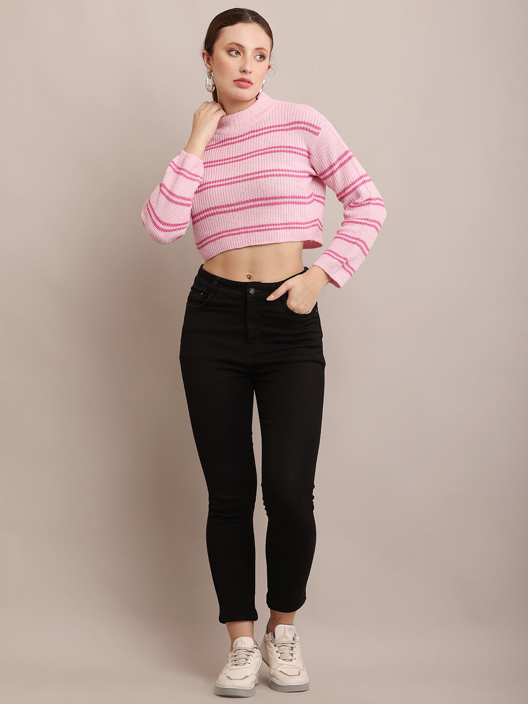 Women Acrylic Striped Pink Crop Sweater
