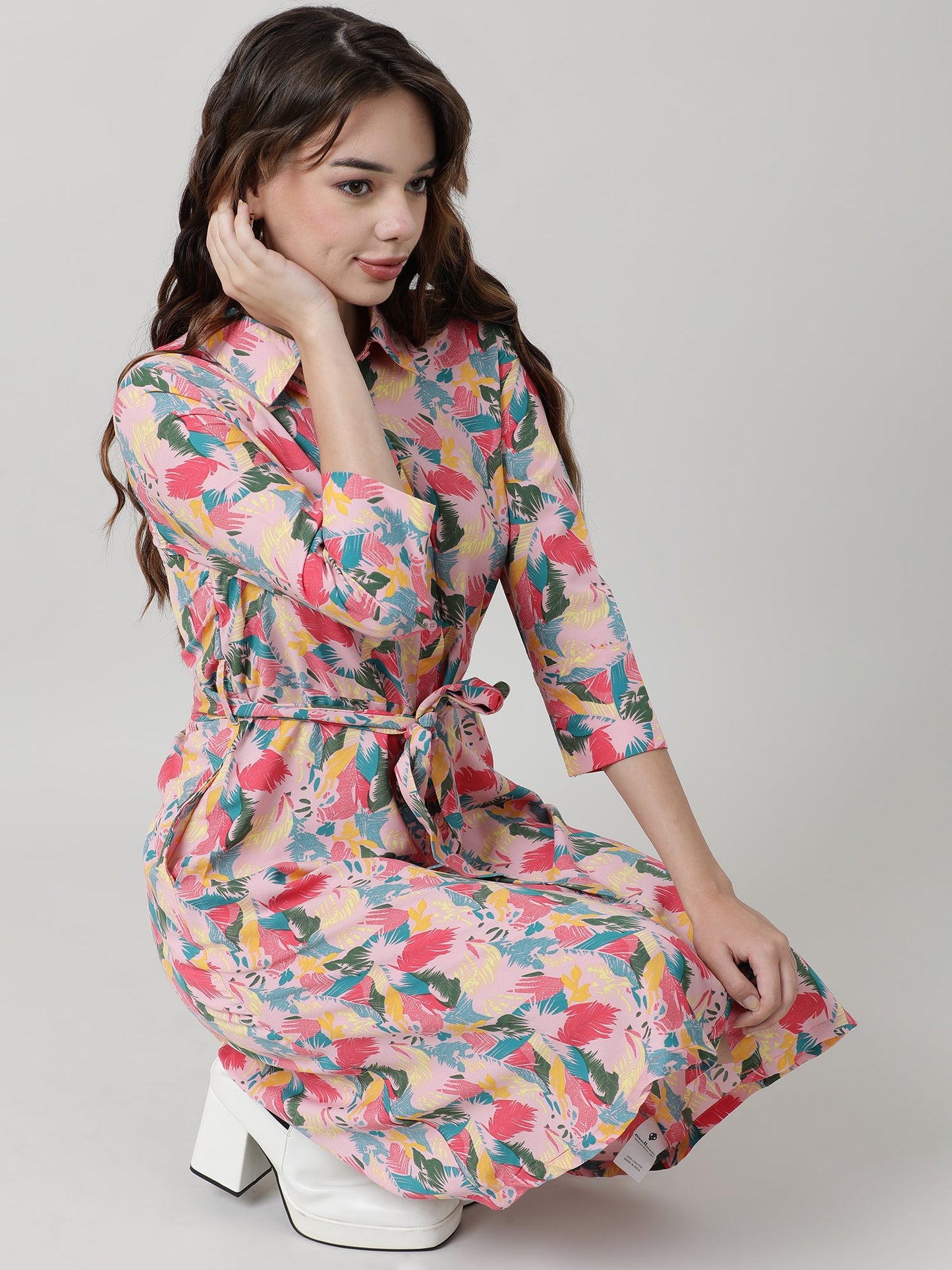 Women Printed With Belt A Line Dress