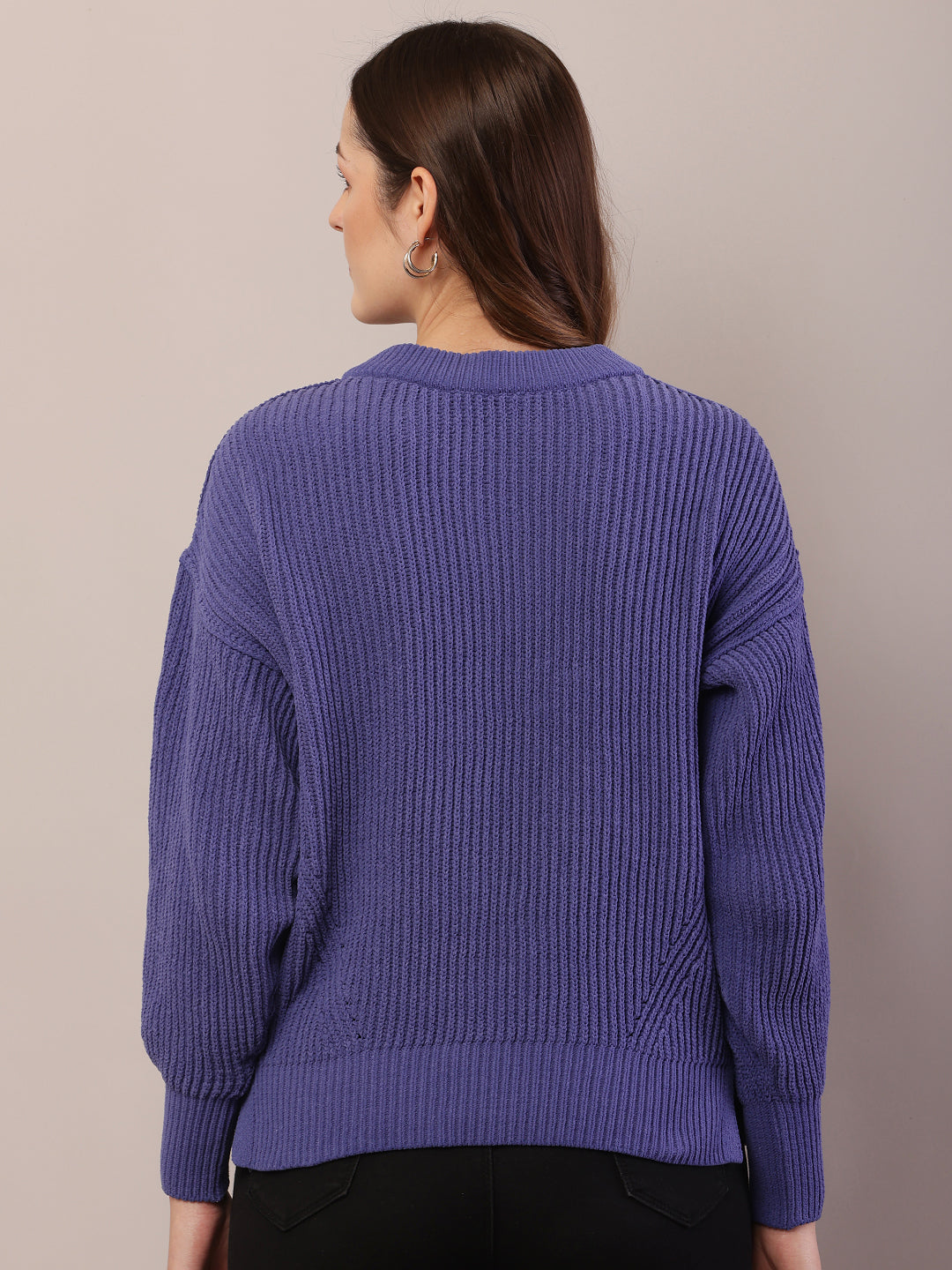 Women blue acrylic knitted v-neck sweater