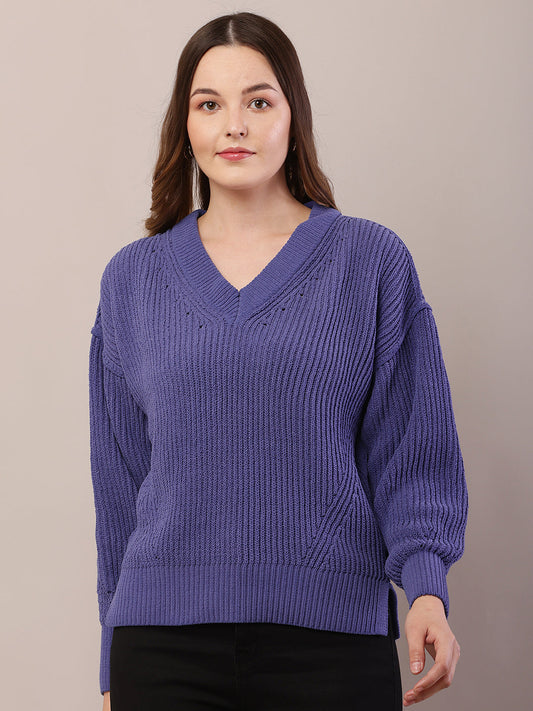 Women blue acrylic knitted v-neck sweater