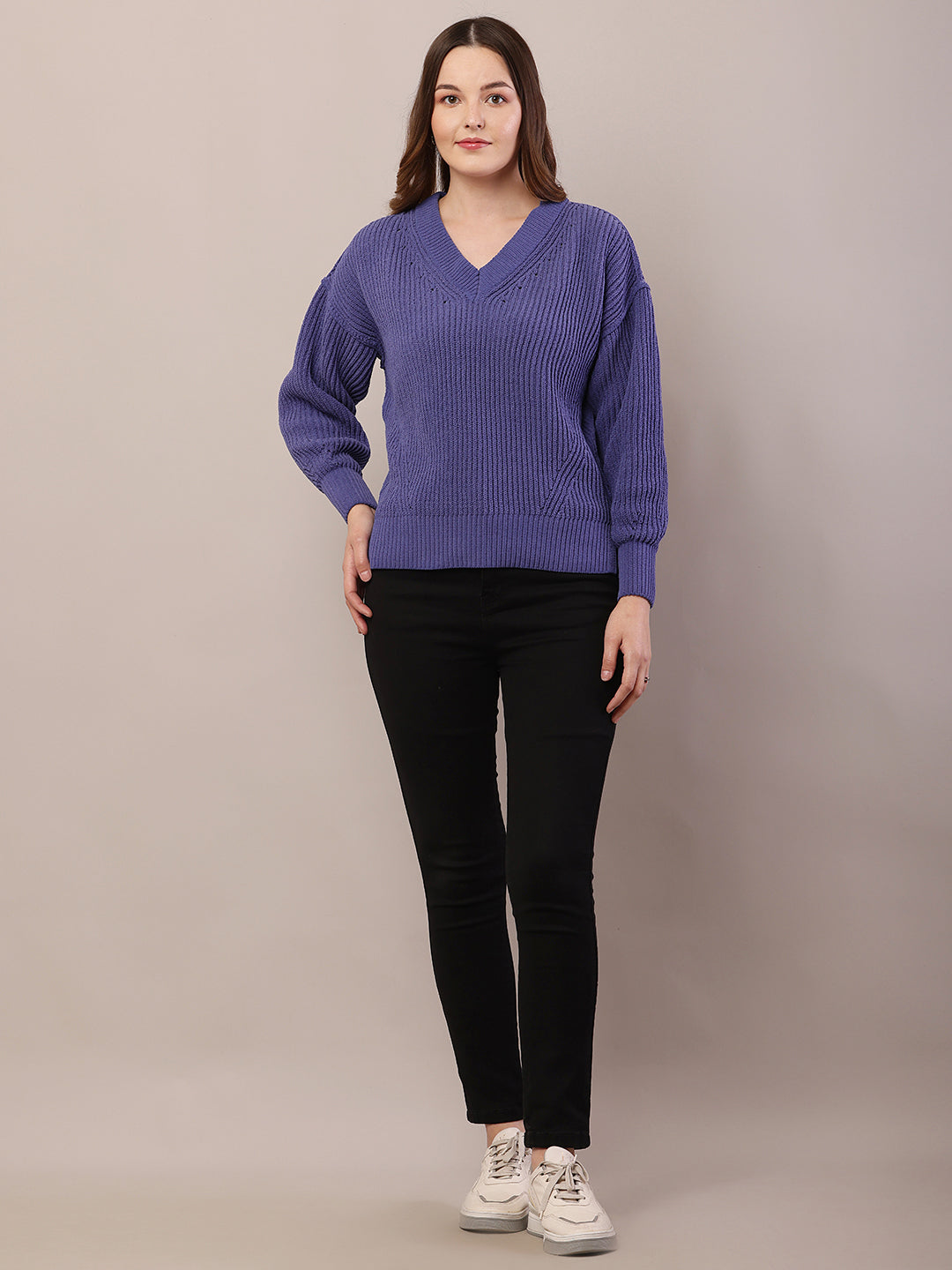 Women blue acrylic knitted v-neck sweater